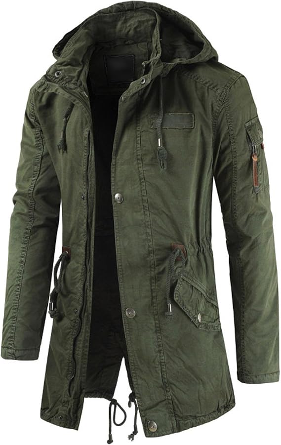 DGHM-JLMY Men Full-Zip Hood Cotton Parka Jacket Coat Long Back Split Collar Hooded Windbreaker Mid-Long Military Coat Pockets (Army Green,XX-Large)