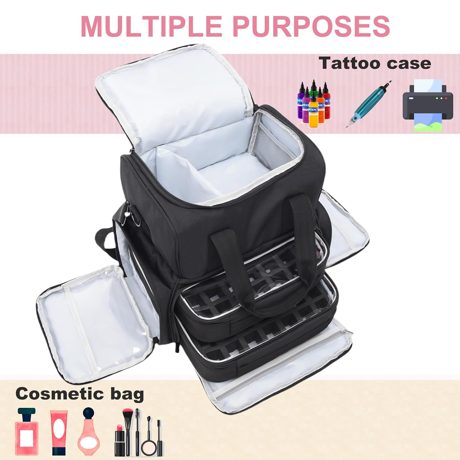 Large Tattoo Case Tattoo Travel Case with 2 Inner Removable Pouches- Waterproof Oxford Fabric Tattoo Travel Storage Bag for Large Tattoo Stencil Printer and Tattoo Supplies (Black Bag Only)