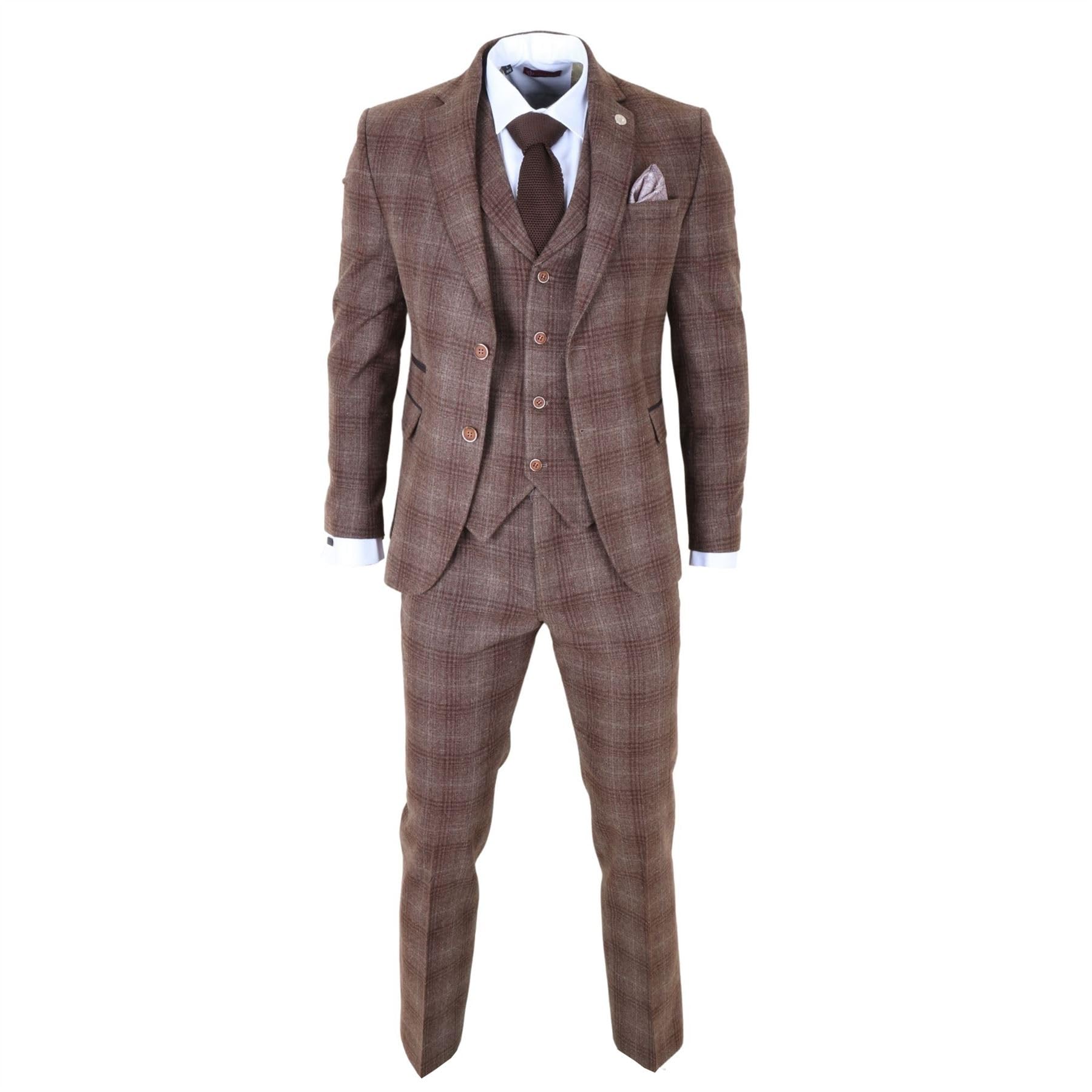 Truclothing Men's Brown 3 Piece Suit Tweed Check 1920S Gatsby Formal Dress Suits - 48