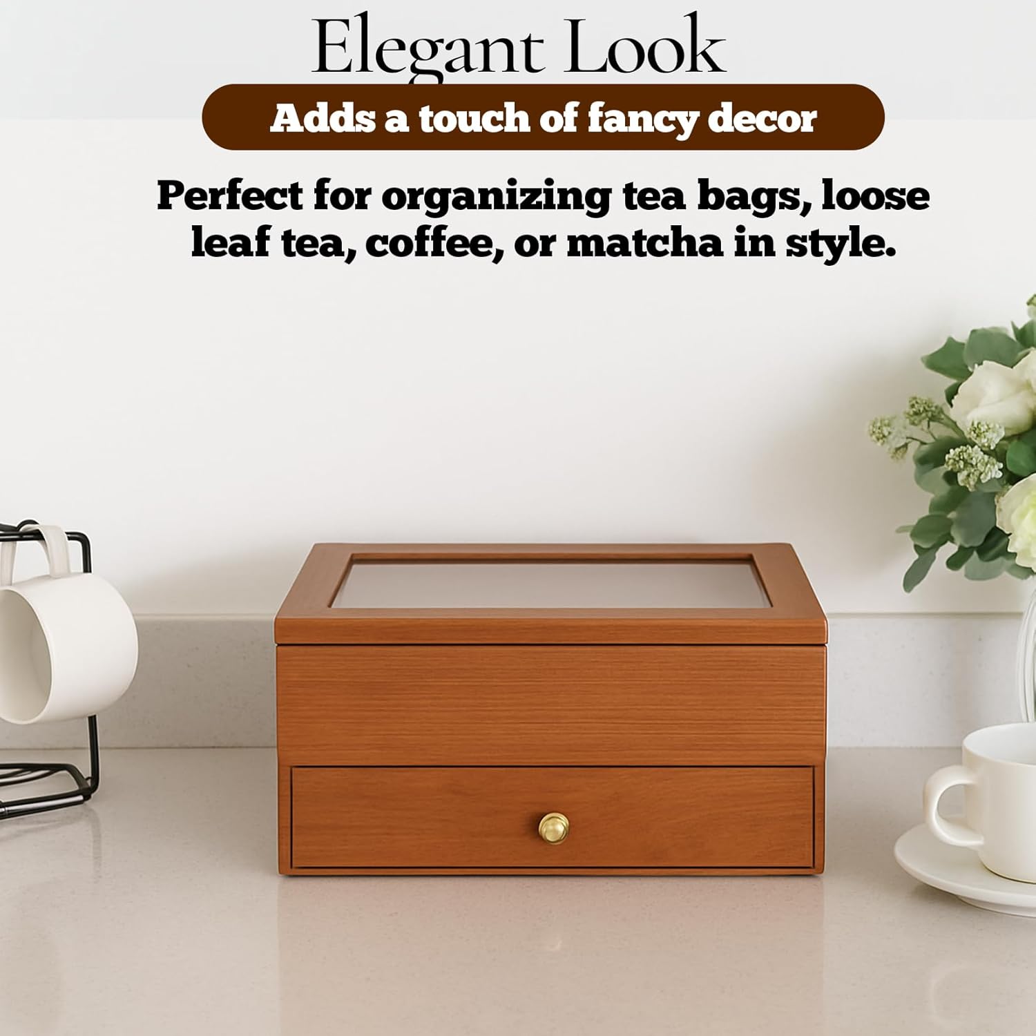 Wooden Tea Bag Organizer with Drawer – Tea Storage Box with 16 Compartments, Tea Caddy and Teabag Holder for Countertop or Kitchen Tea Station Display – Rustic Wood Tea Organizer, Organizador de Té