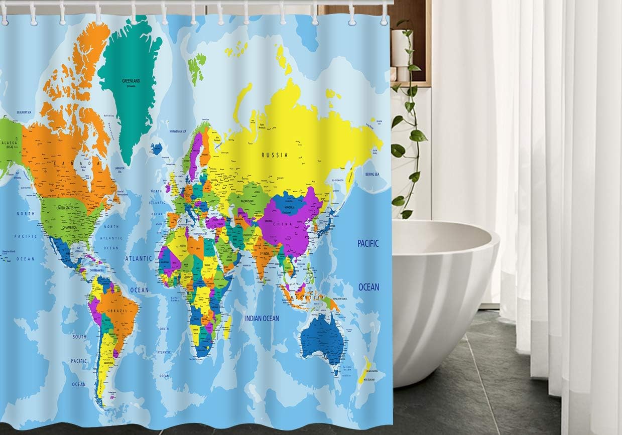 Moslion World Map Shower Curtain Set Geography Global Map Country Ocean Mountains Bathroom Shower Curtain Home Decorative Waterproof Polyester Fabric with Hooks 72x72 Inch Blue