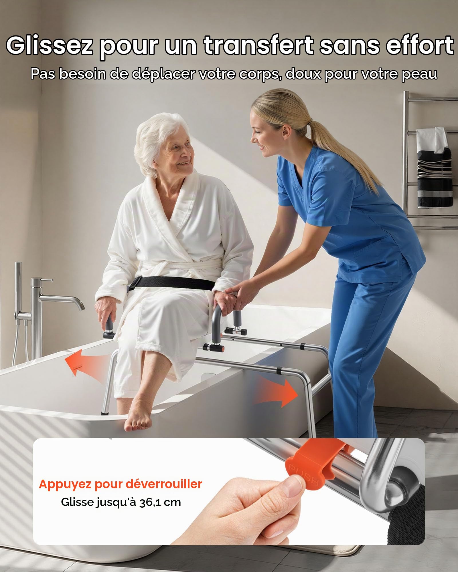 VEVOR Chaise de Baignoire Coulissante, Siège de Transfert pour Baignoire Pivotant, Capacité 180 kg, Accoudoirs et Dossier, pour Adultes, Personnes Âgées et Handicapés, Hauteur et Largeur Réglables