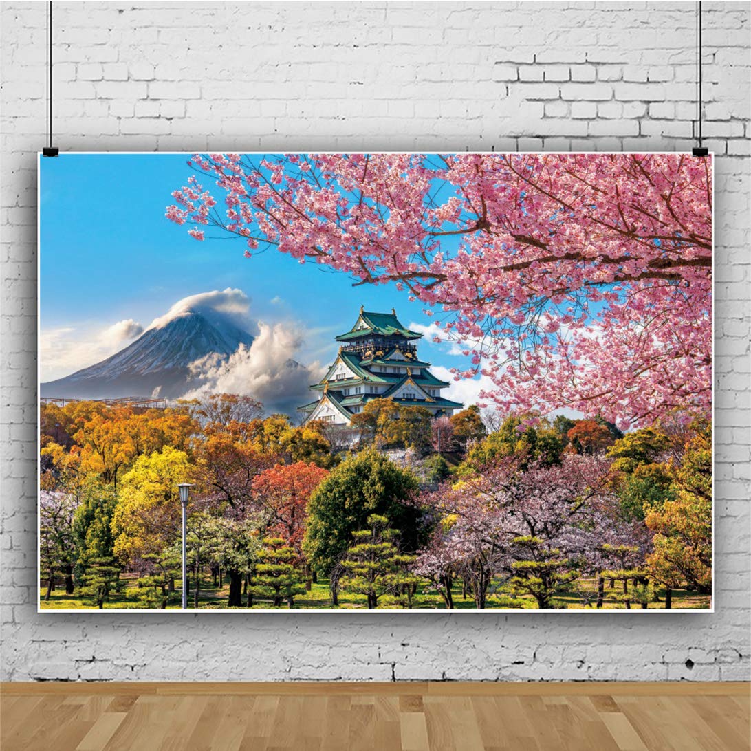 ZJRBJB 7x5ft Japan Scenery Photography Backdrop Red Temple Maple Trees Bridge Nature Backgrounds Asian Theme Party Decorations Japanese Photo Studio Props - View #6