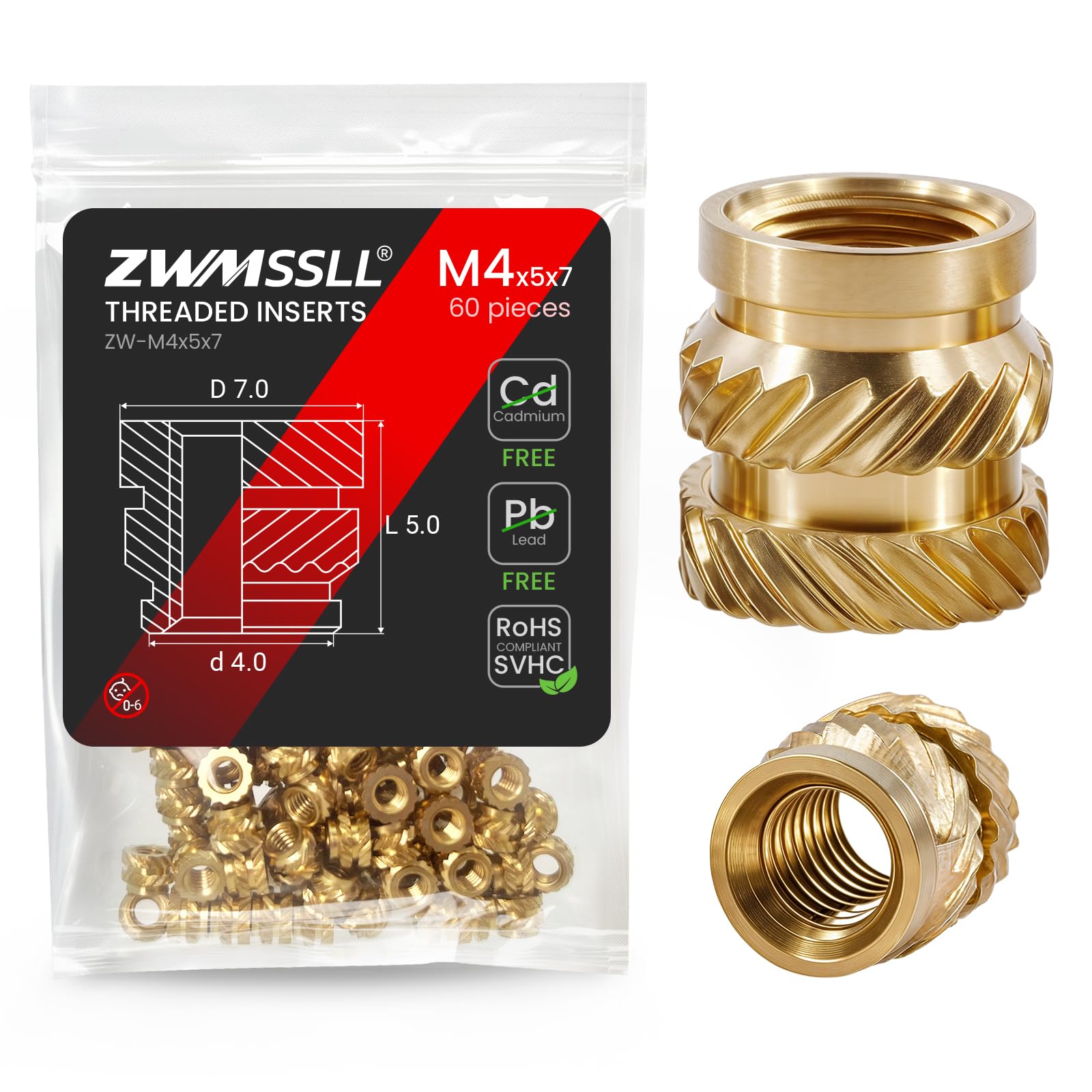 ZWMSSLL Heat-Set Threaded Inserts, M4x5x7mm Heat Set Insert for 3D Printing Components and Plastic Parts(60Pieces),Brass Metric Knurled Nuts — image 1