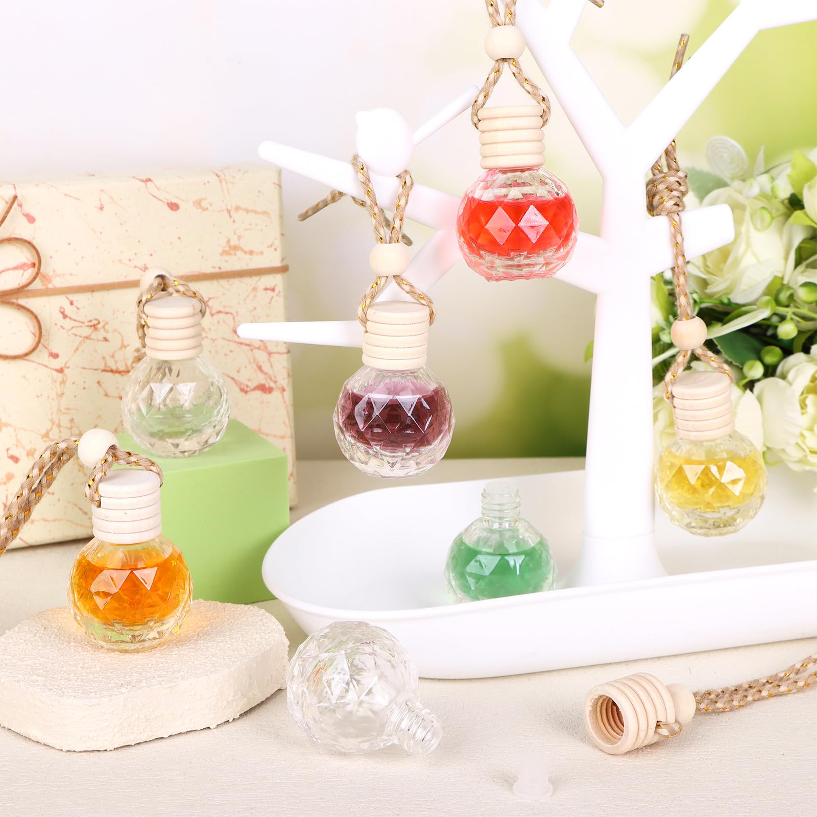 60 Stück Auto-Lufterfrischer zum Aufhängen, leere Glas-Parfüm-Flaschen, Lufterfrischer, Diffusor-Flasche, Anhänger für ätherische Öle, Duft, Aromatherapie, Ornament, Dekoration (runder Diamant)