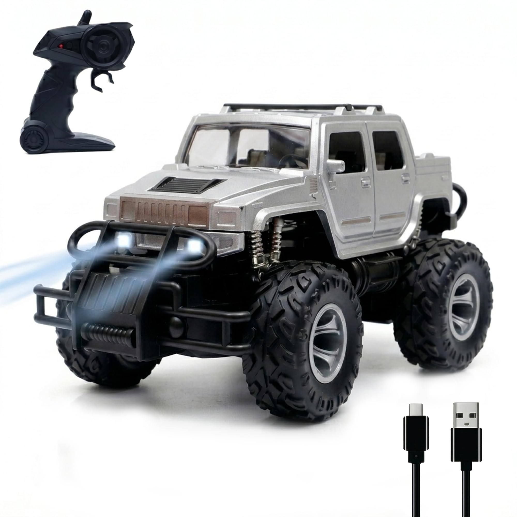 Amazon Brand - Jam & Honey Off Roader Rechargeable Remote Control Car | RC Monster Truck with LED Headlights, Type-C Charging, Anti-Skid Tyres, 120 Ft Range | 2.4GHz Remote Controller - Silver (MT507)-image-18