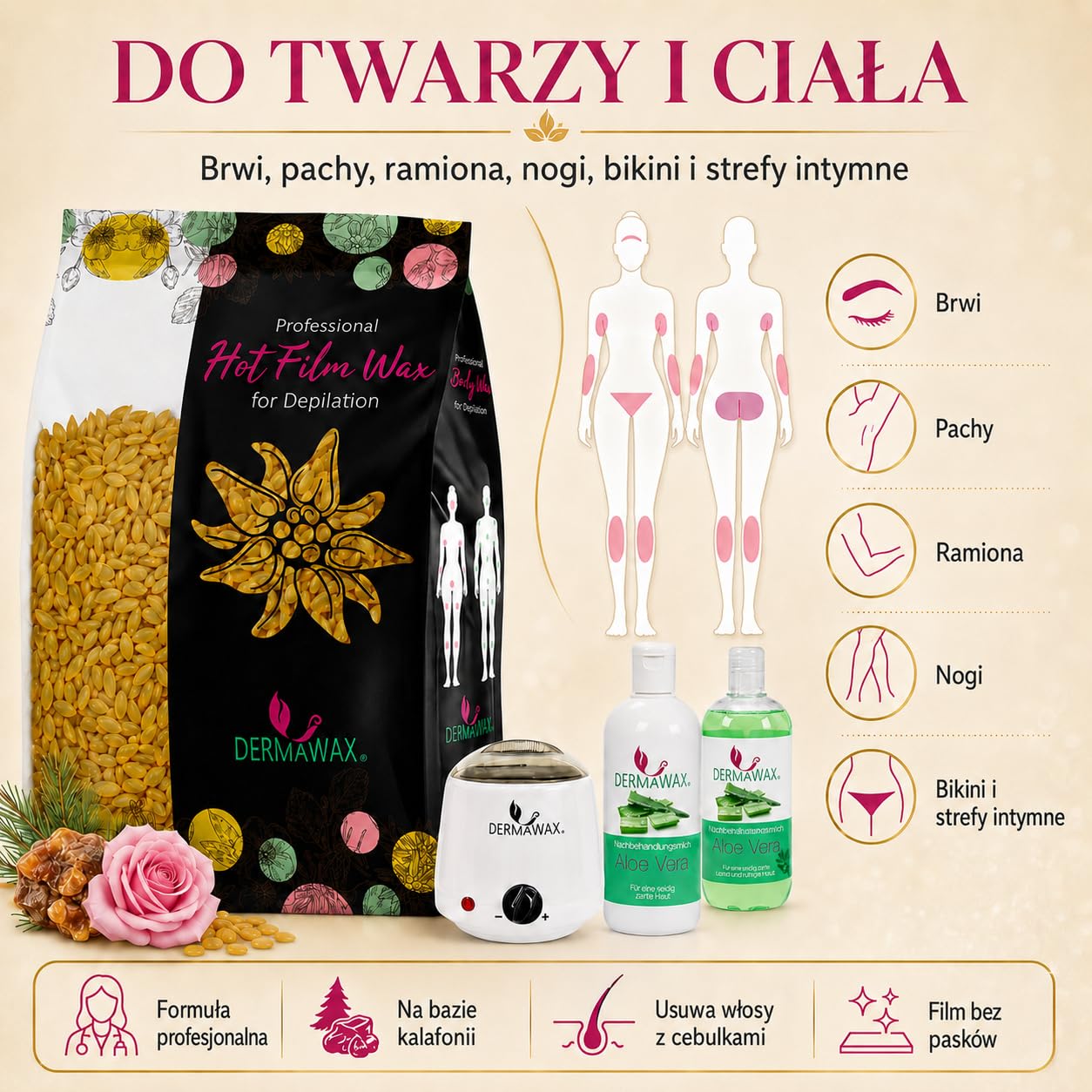 Dermawax Perły woskowe z naturalnego miodu, 1 kg – profesjonalny wosk na gorąco do usuwania włosów bez smug – twarz, brwi, włosy w nosie, nogi, ramiona, bikini i strefy intymne – dla mężczyzn i kobiet