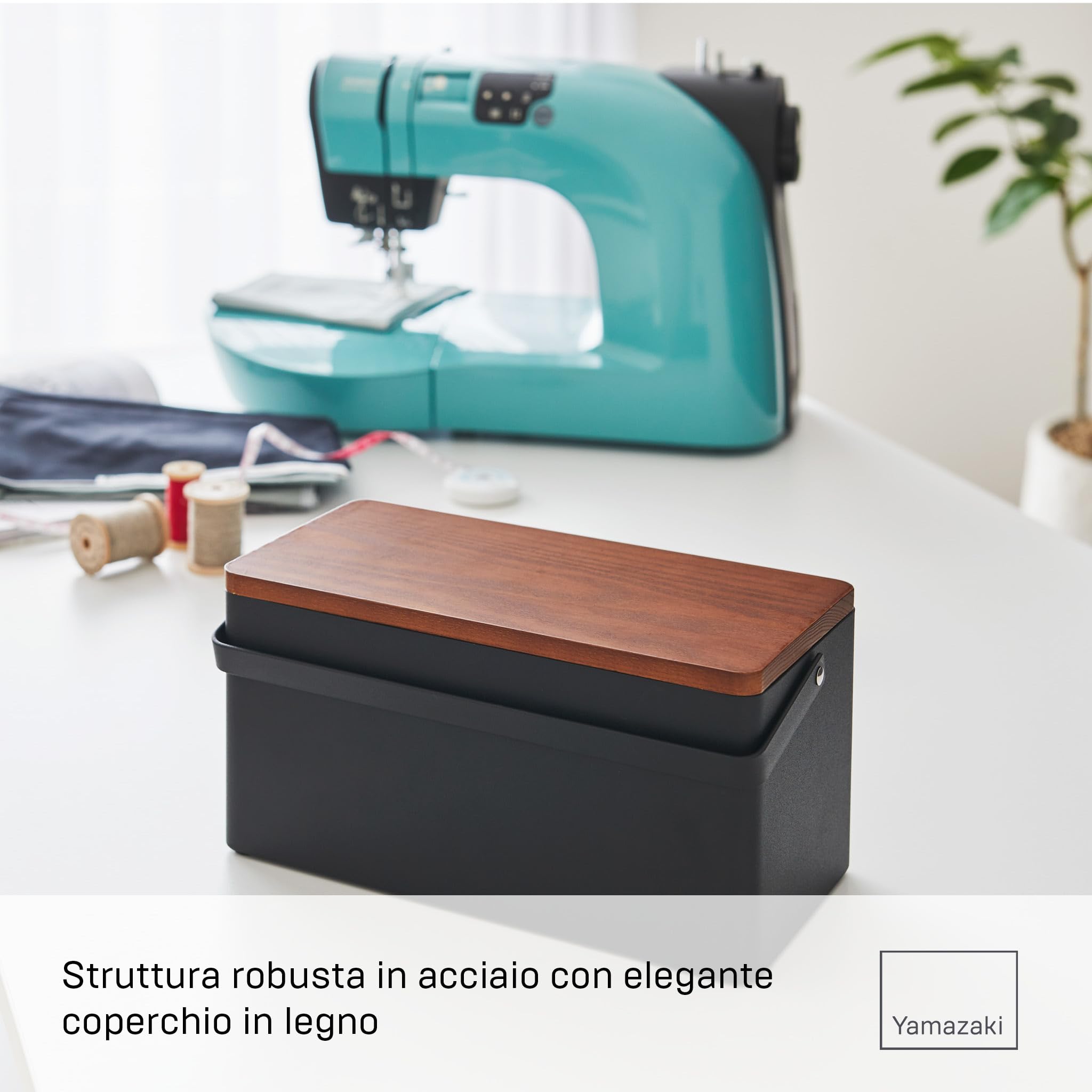 YAMAZAKI 5061 TOWER Sewing Box, black, Steel/Wood/ABS Resin/Cotton/Polyester, 27 x 14 x 13.5 cm