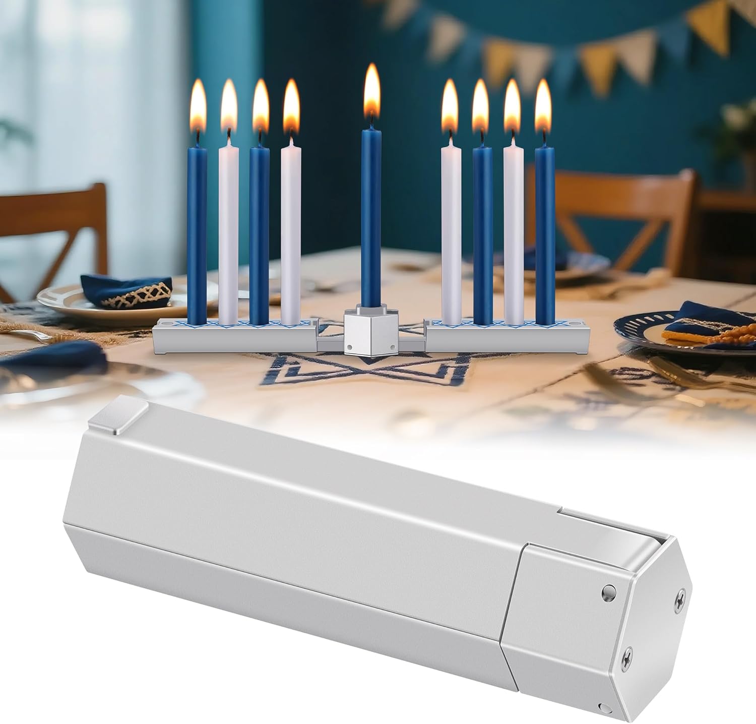 Meonum Folding Travel Chanukah Menorah, Innovative Foldable Hanukkah Menorah, Satin Silver, Fits Standard 0.3 in Hanukkah Candles, Holiday Judaica Gift for All 8 Nights of Chanukah