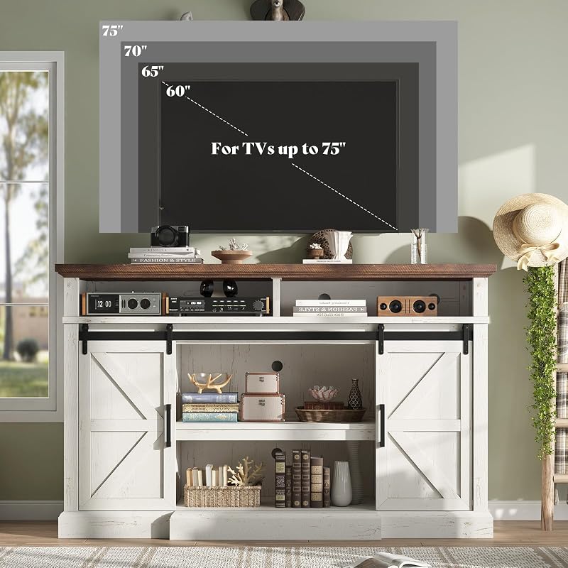 AMERLIFE 66" W Farmhouse TV Stand, Entertainment Center with Storage, White image 5