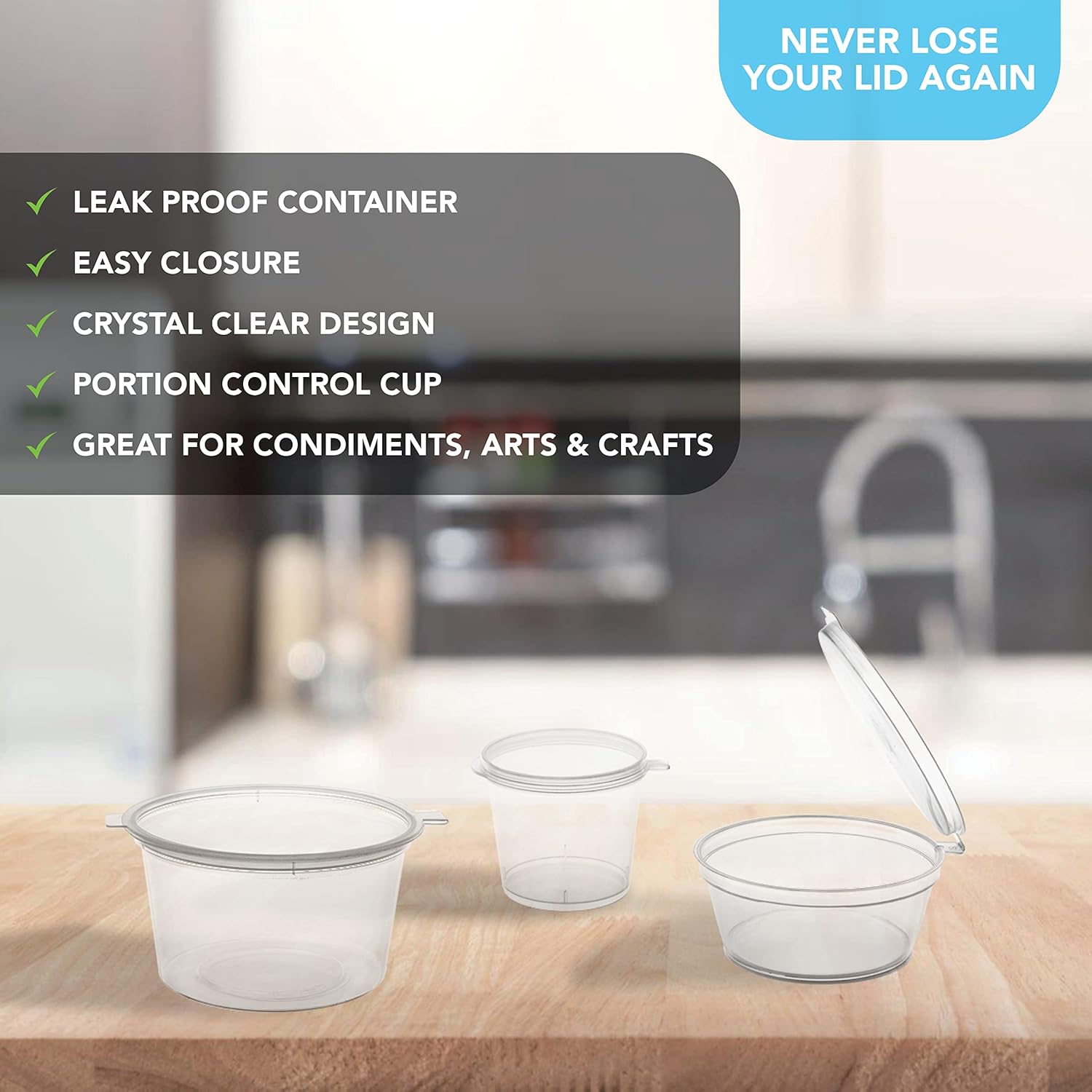 Party Essentials Leak Proof Plastic Condiment Souffle Containers with Attached Airtight Portion Cup with Hinged Lid for Sauces, Samples, Slime, Jello Shot, Storage, Craft, 100 Sets, 1 oz, Clear