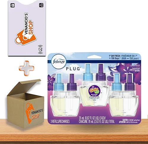 Febreze Fade Defy PLUG - Recambio de ambientador, 0.87 onzas líquidas. Recambios de aceite 3 repuestos + incluye adhesivo Venancio'sfridge (Gain