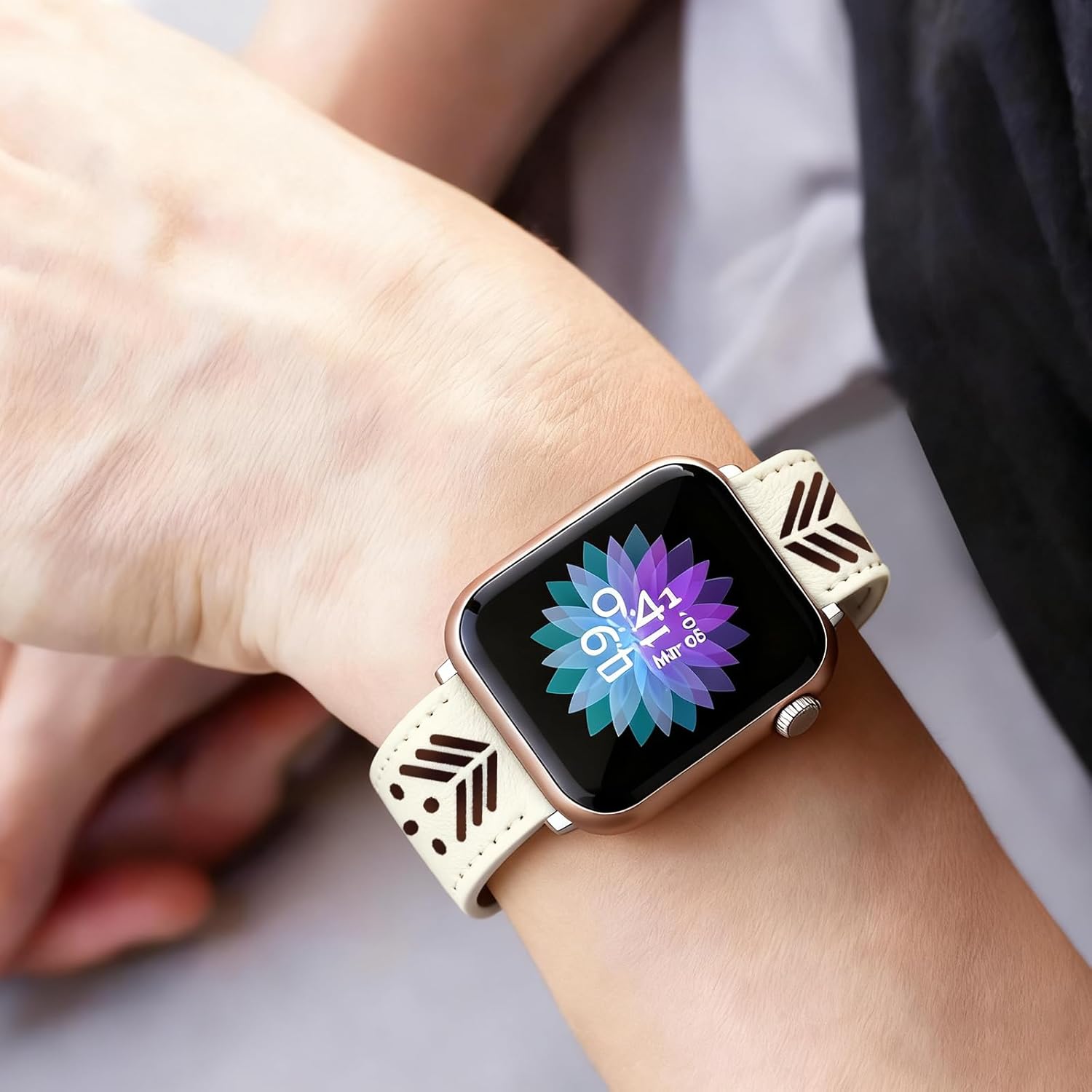 Hollow-out Handmade Top Grain Leather Band for Apple Watch Women Men, Breathable Lightweight Soft Strap Compatible with Series 11/10/9/8/7/6/5/4/SE SE2 Ultra 38/40/41/42/44/45/49mm - Image 9