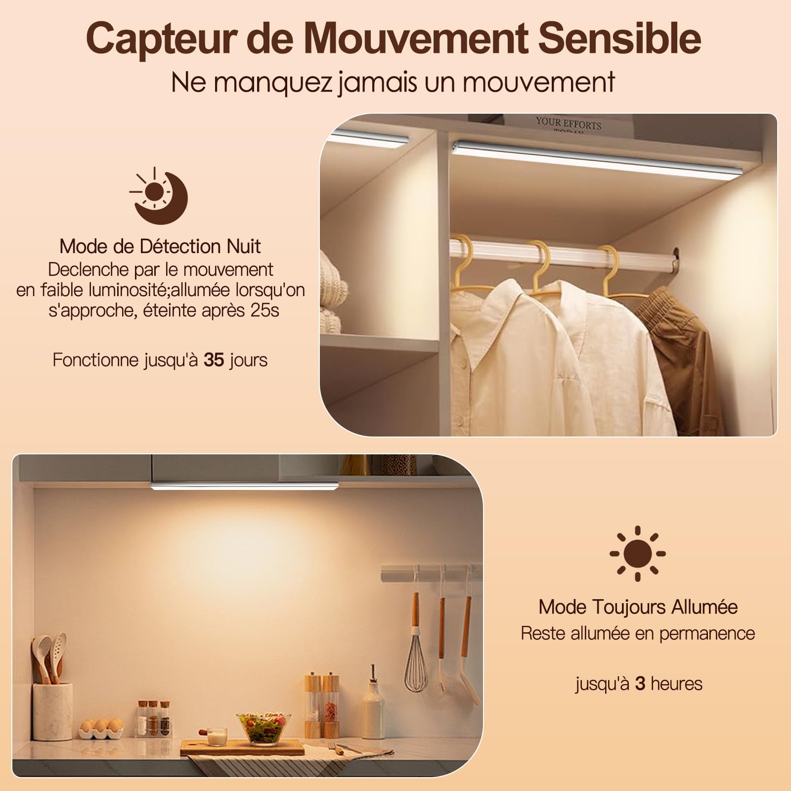 Quntis Reglette LED Cusine sous Meuble 40CM Aimantée, 186 LEDs Rechargeable USB Sans Fil Lampe de Placard à Détecteur de Mouvement Interieur 3 Couleurs Lumière Réglable pour Armoire Escalier Bureau