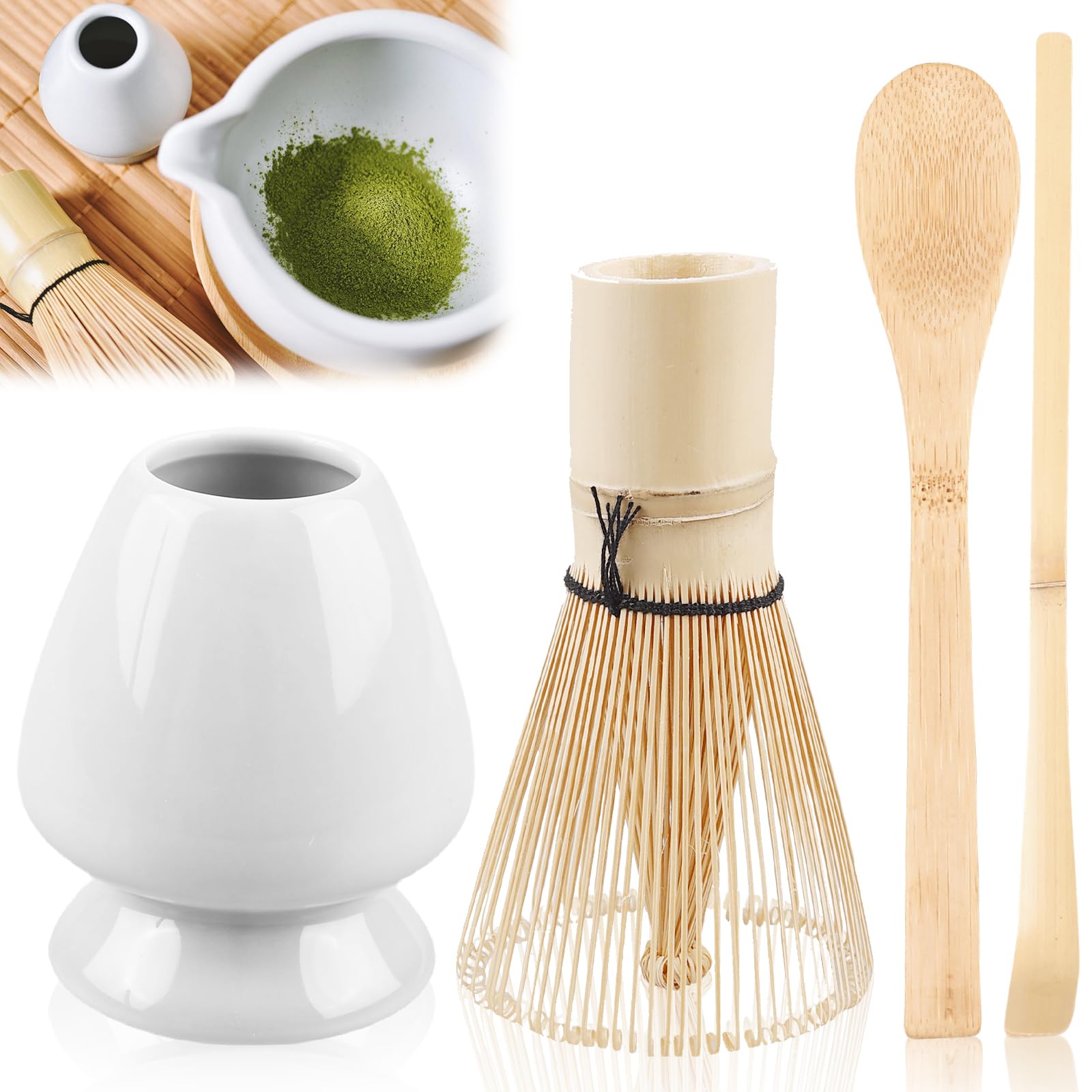 Set Da Tè Matcha Giapponese 3 Pezzi: Frusta In Bambù, Cucchiaio E Supporto In Ceramica