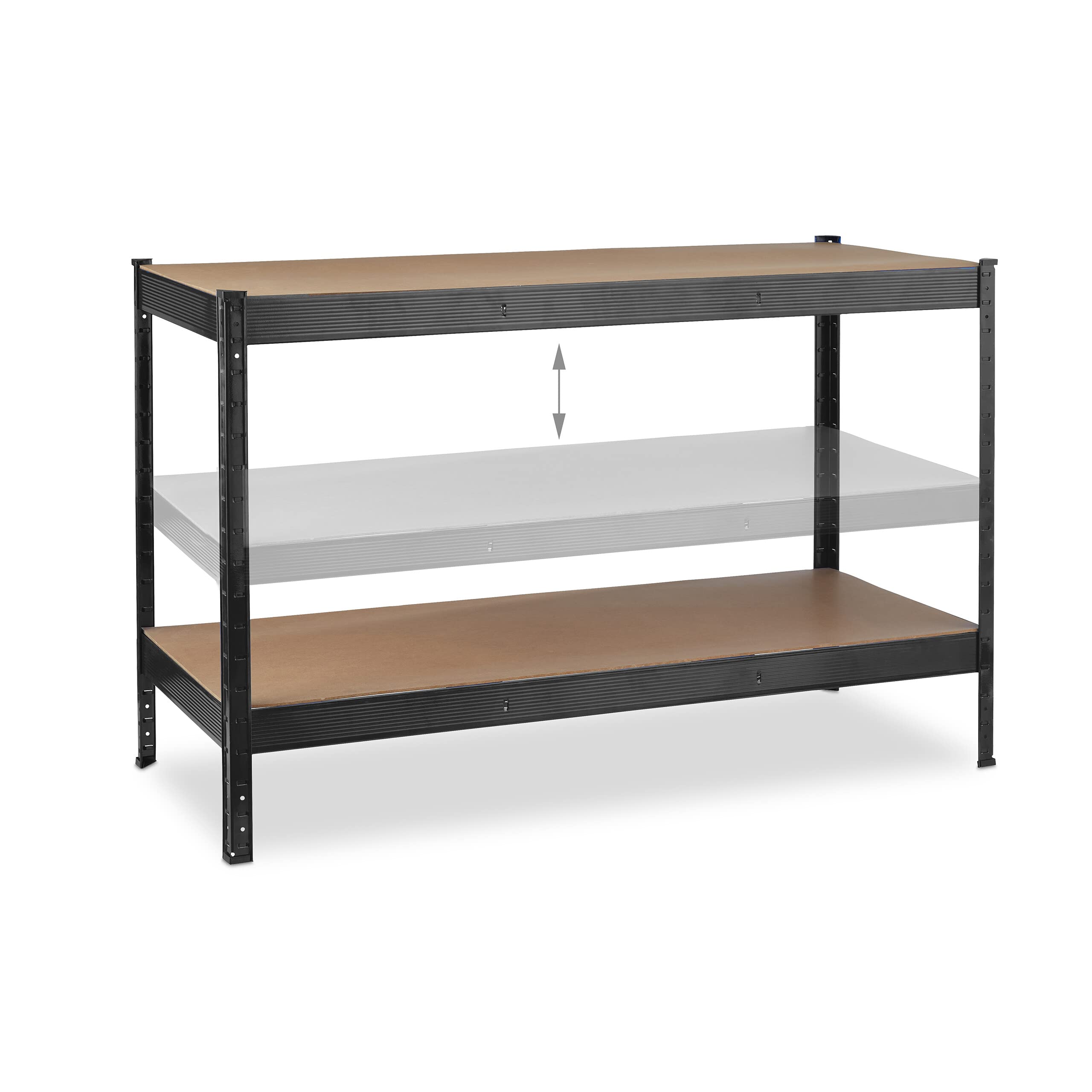 Relaxdays Banco da Lavoro Officina, Tavolo da Garage, 2 Scaffali, Altezza Regolabile, Acciaio e MDF, 91x141x61 cm, Nero