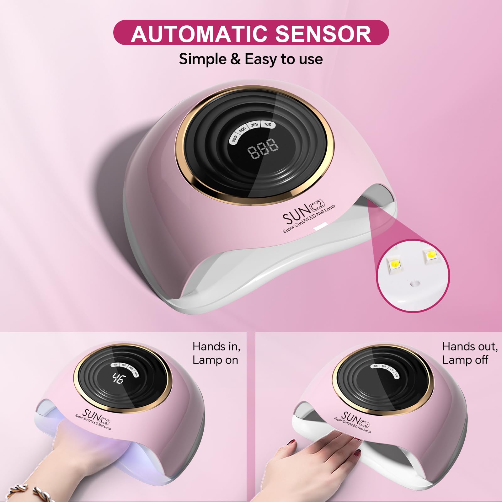 Lámpara de uñas LED UV profesional de 288 W con 63 cuentas, secadora de gel más rápida para el hogar y el salón, sensor inteligente, pantalla LCD y 4 temporizadores, luz rosa de grado de salón 3