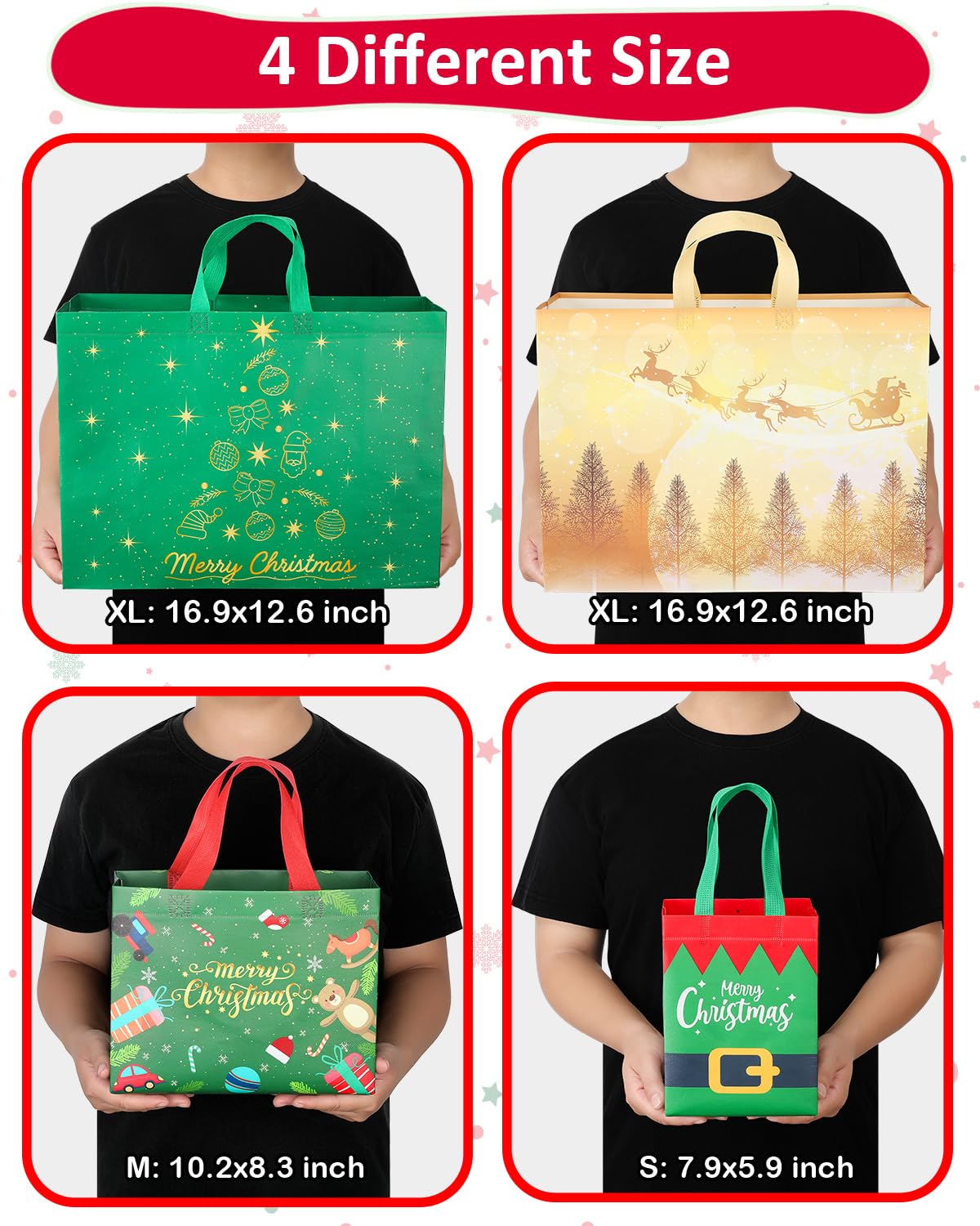 Confezione da 16 sacchetti regalo natalizi di dimensioni assortite, riutilizzabili, resistenti, con manici, 4 extra large, 8 grandi, 4 piccoli, sacchetti natalizi in tessuto non tessuto per regali