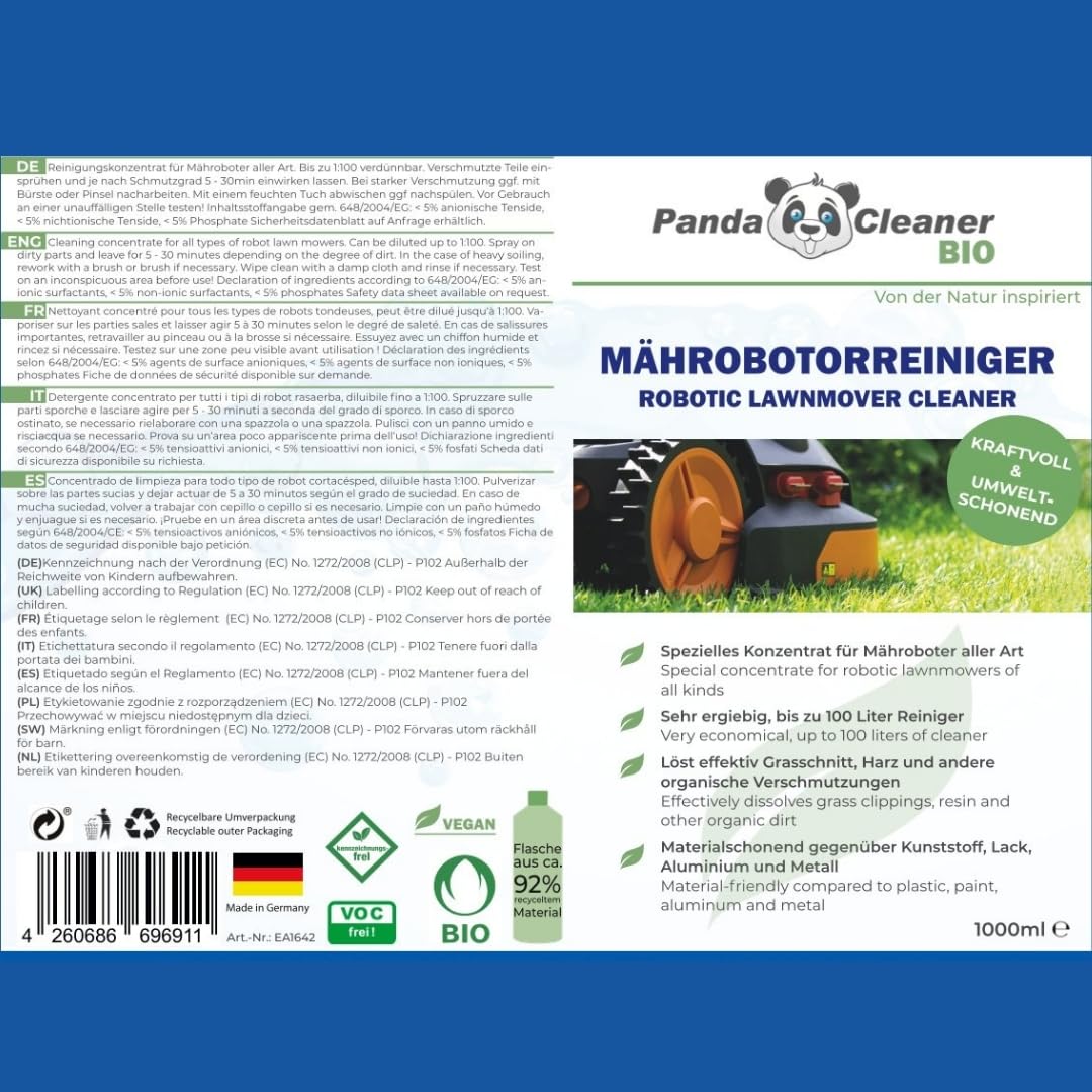 PandaCleaner BIO robot czyszczący do kosiarki – 1 l wysokiego koncentratu 1:100 – akcesoria do kosiarek Bosch, Einhell, Gardena, Husqvarna, Stihl, Wolf-Garten, Worx, Robomow i wielu innych.