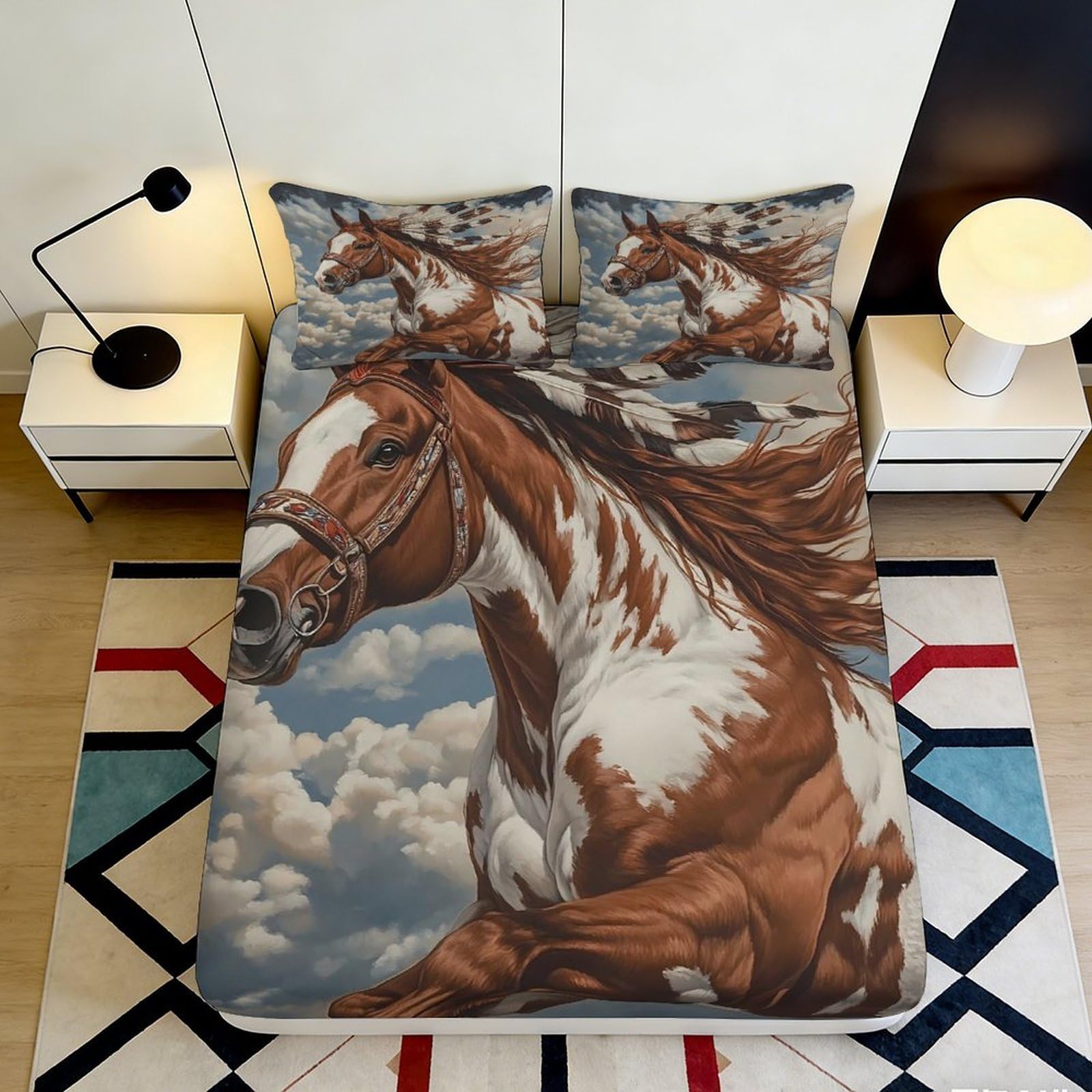 3D Printed Wild Horse Fitted Sheet Microfiber Soft Breathable Sky Cloud Mattress Cover for Bedroom Dorm Decor 90x200x25cm