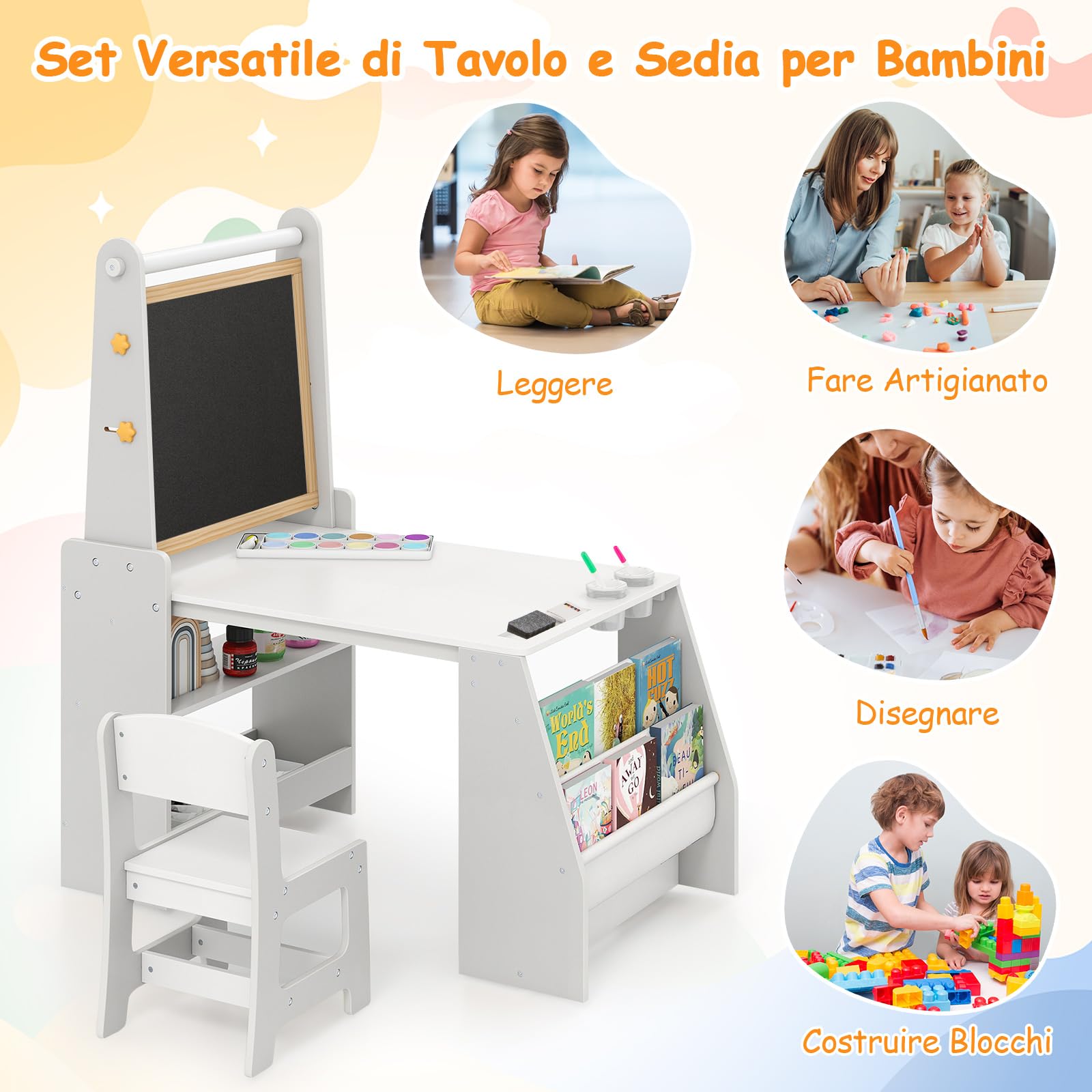 COSTWAY Set 3 in 1 Tavolo e Sedia per Bambini 3+ Anni, Tavolo in Legno Sicuro con Lavagna, Sedia, Lavagna Bianca, Rotolo di Carta, 2 Ripiani Aperti e Libreria a 2 Ripiani, Ideale per Disegno (Grigio)