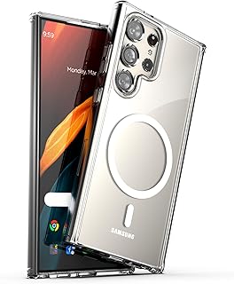 جراب ماج مغلف لموبايل سامسونج جالاكسي S24 الترا 2024 متوافق مع سيف غطاء مغناطيسي للشحن اللاسلكي شفاف كريستالي بولي يوريثين حراري من كربونات