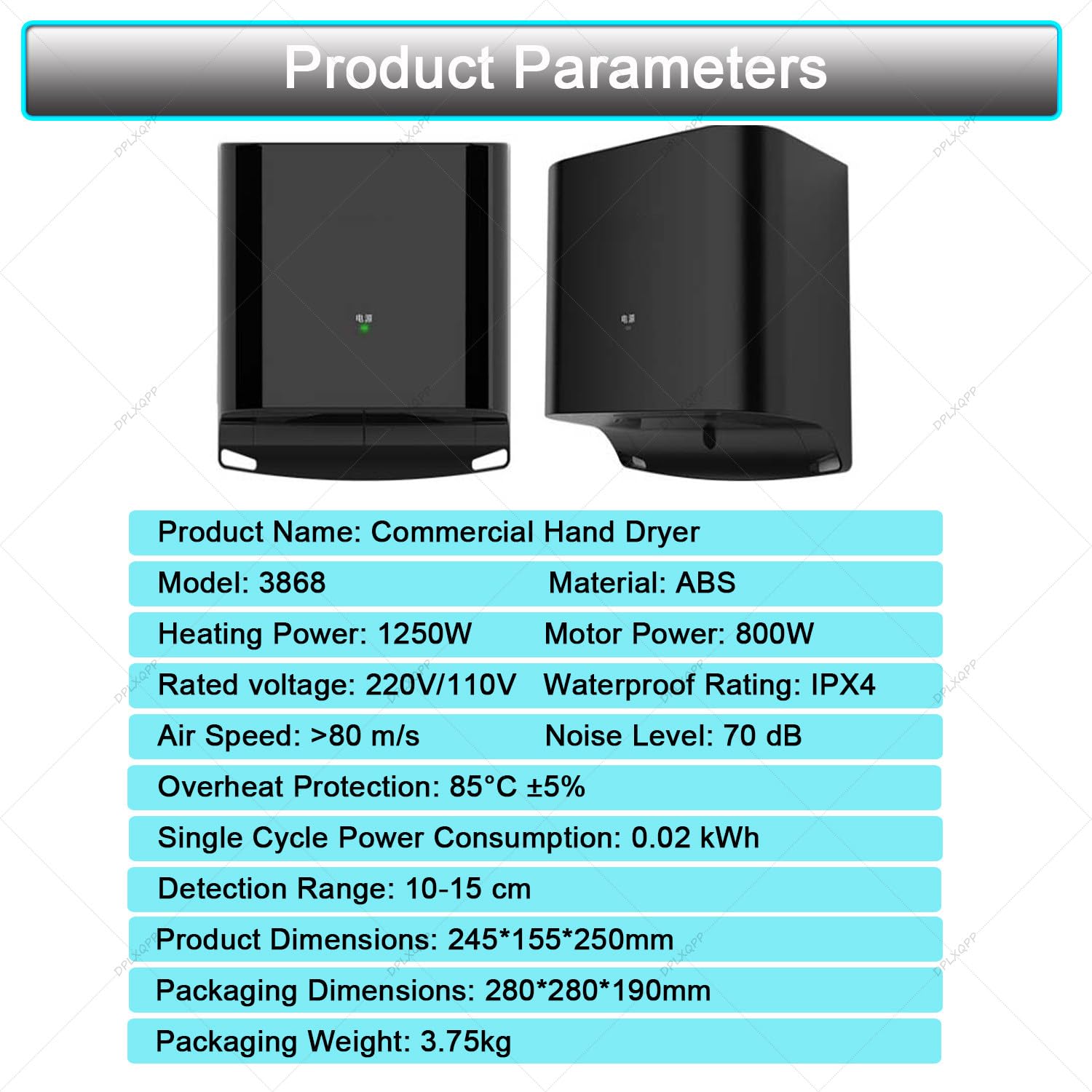 Secador Rápido 8-10s con Sensor Inteligente,1250w Aire Caliente/Frío,Bajo Consumo Energético E Ipx4,para Uso Comercial Y Baños Domésticos White