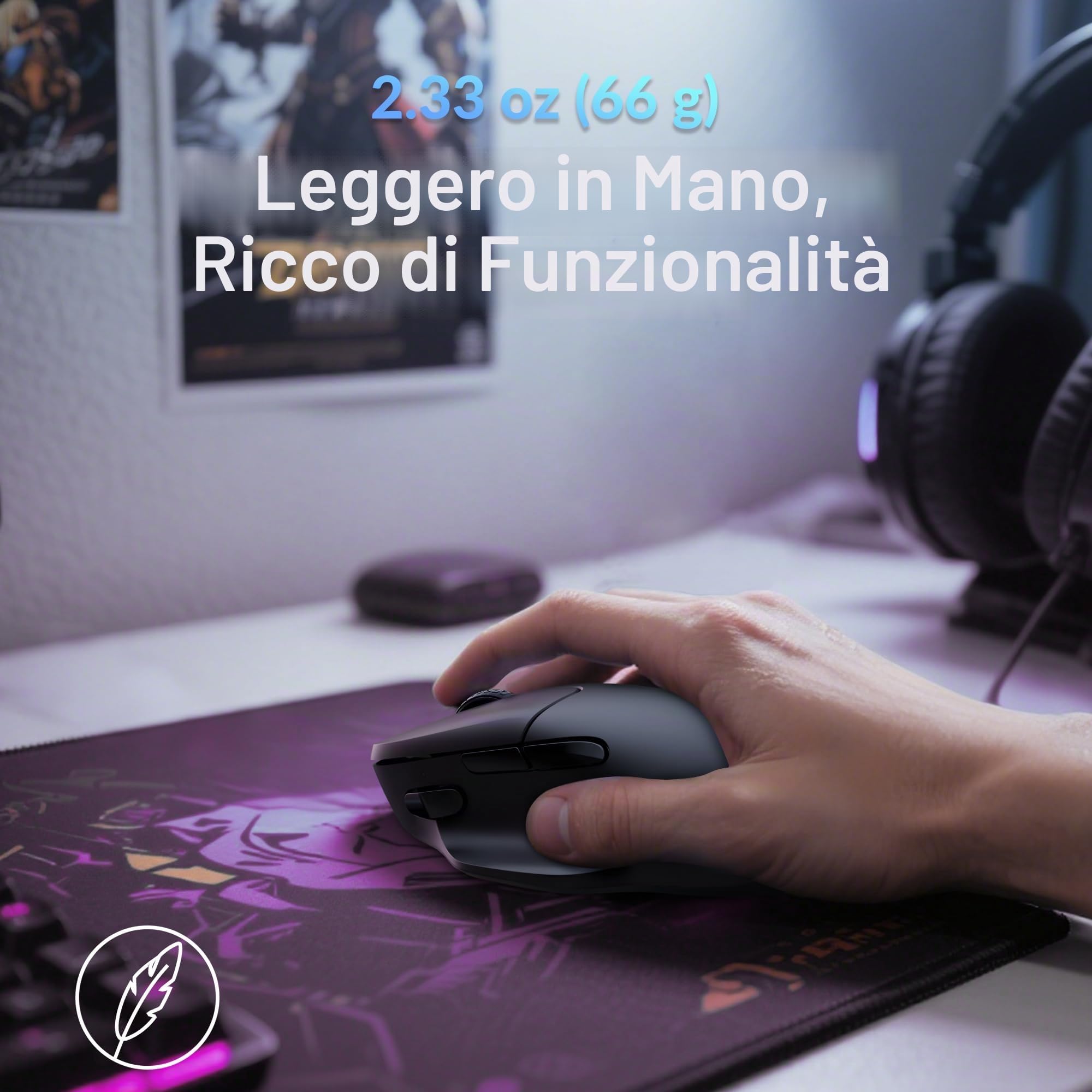 Keychron M7 Mouse Gaming Wireless 8K Polling Rate – Ultra-Leggero 63 g, Sensore PixArt 26.000 DPI, Tri-Mode (2.4G/Bluetooth/Cavo), Tasti Programmabili, Nero
