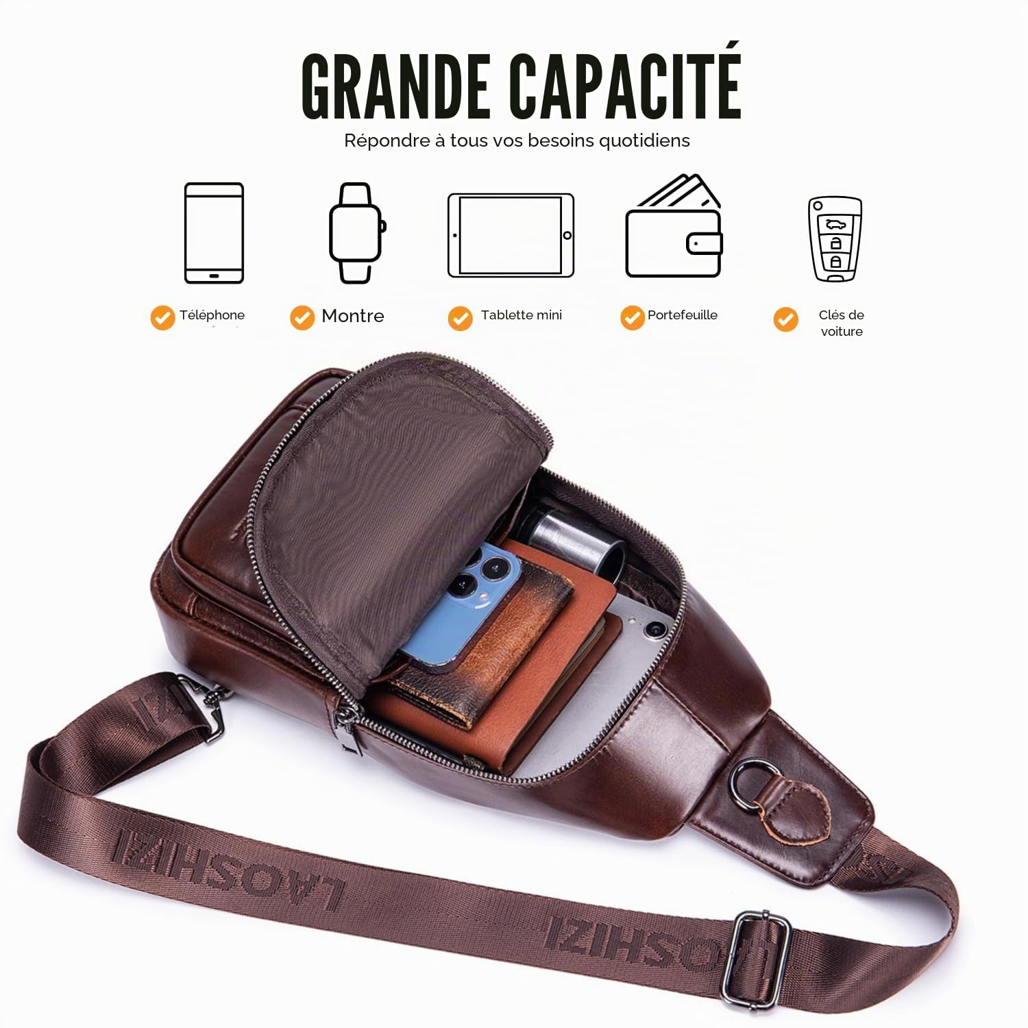 Sacoche Homme Bandoulière Cuir Sac Bandouliere Homme Sac à Dos Poitrine Pochettes Sport Affaires Voyage