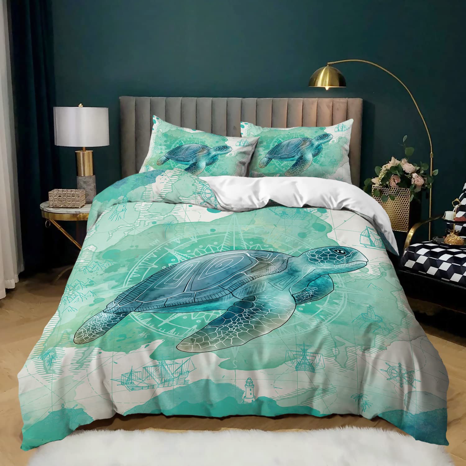 CVHOUSE Sea Turtle Bedding Set,Ocean Beach Duvet Cover Set Twin Size,Turtle Comforter Cover for Boys Kids Girls(1 Quilt Cover 2 Pillowcases 3 Piece)