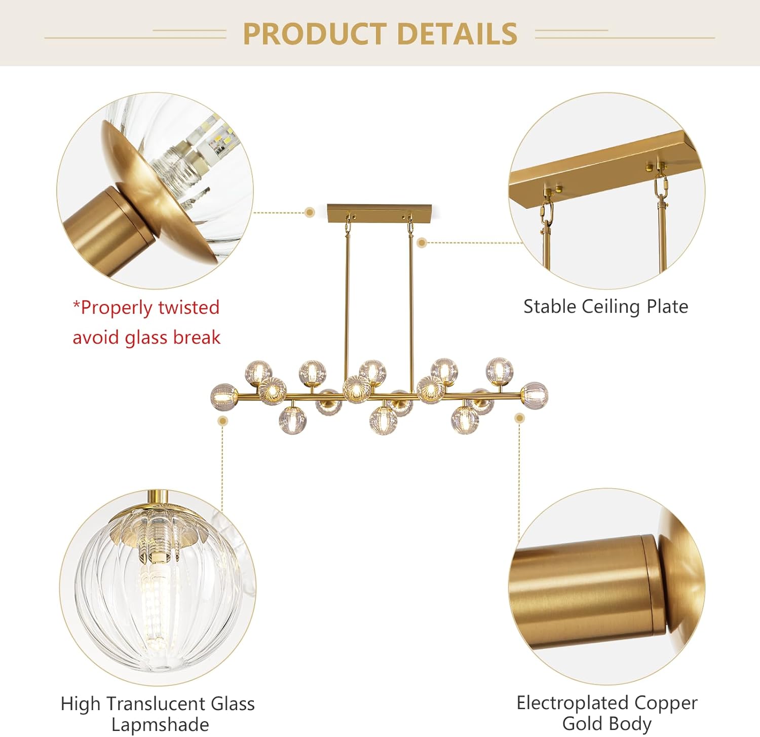 MOOONIHCE 16 Lights Rectangle Chandelier, Mid Century Globe Chandeliers with Clear Glass Shades, Gold Linear Pendant Ceiling Light Fixture for Dining Room Kitchen Island, Living Room