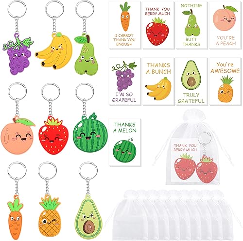 Loetere Juego de 45 tarjetas de agradecimiento de Navidad con llaveros de frutas, bolsas de organza, tarjetas de agradecimiento divertidas de Papá