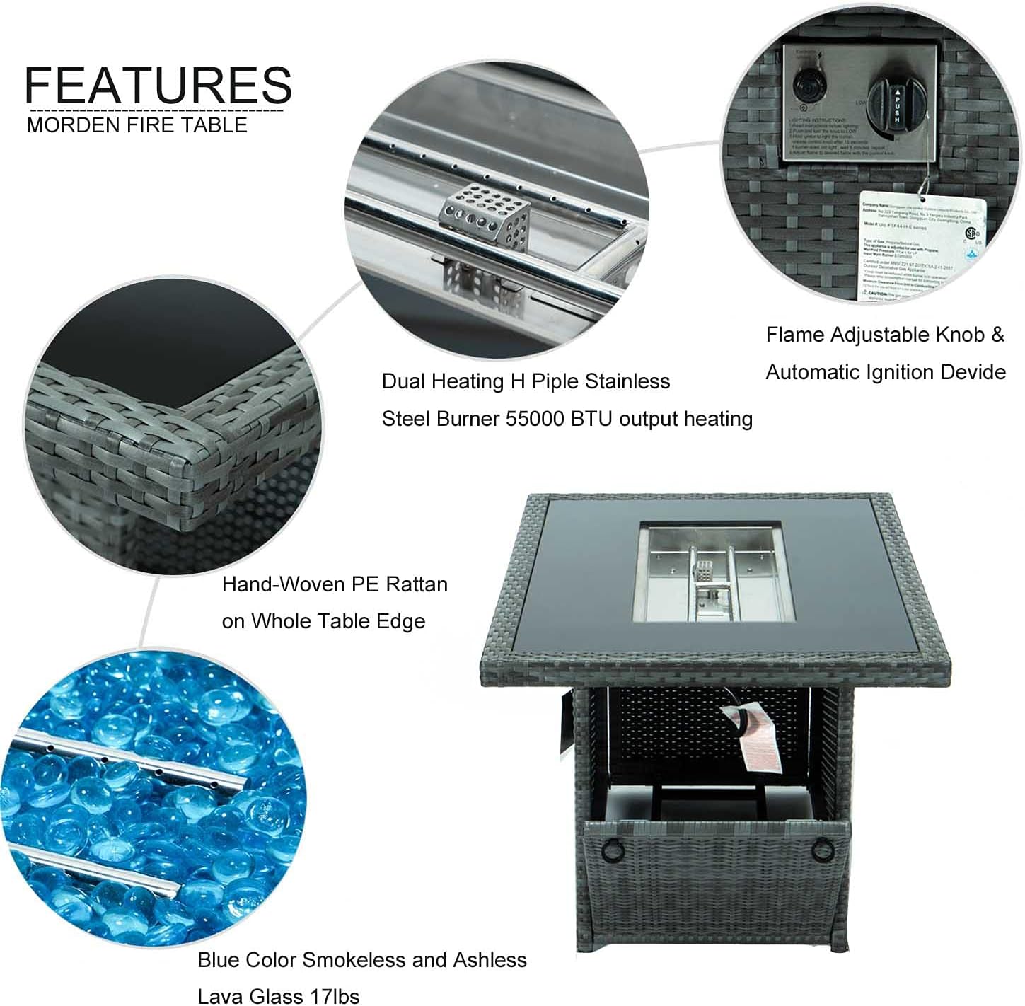 RADIATA Natural Gas/Propane Fire Pit Table for Oustide Patio, 43'' Rectangular Firepit with Wind Guard&Table Lid&Glass Beads&Rain Cover, All-Weather Wicker Fireplace 60000 BTU CSA, Grey