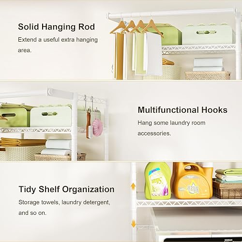 Miniatura 6 de Ulif U11 Estantes Medianos Sobre Lavadora y Secadora, 3 Niveles de Almacenamiento y Organizador para Cuarto de Lavado Estante de Pie, Tendedero de