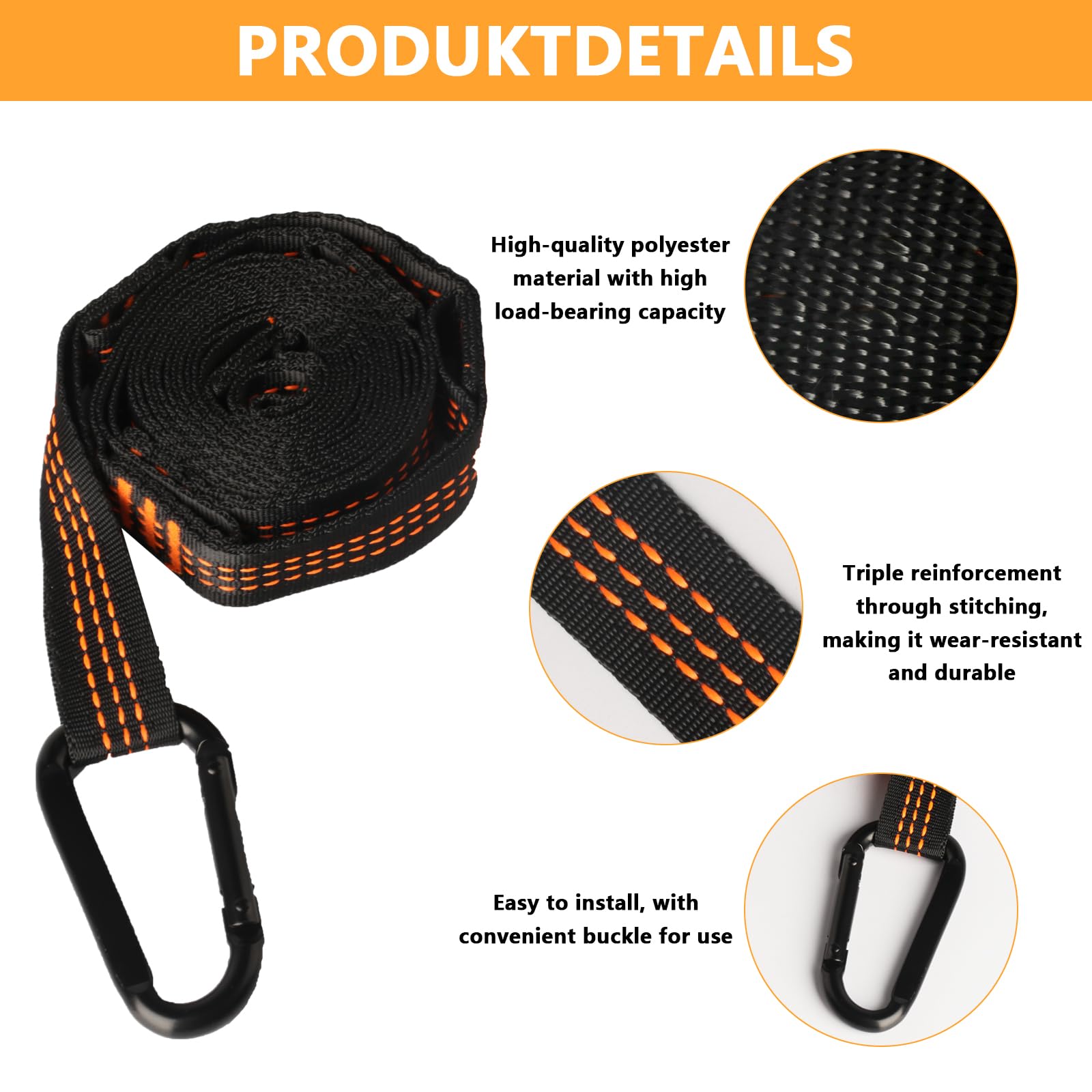 2 Piezas de árbol para Hamaca, Correas de suspensión para Columpio de 2,5 m, Kit de Correas de suspensión para Hamaca de Exterior para Silla Colgante de Camping + 3 mosquetones, máx. 200 kg