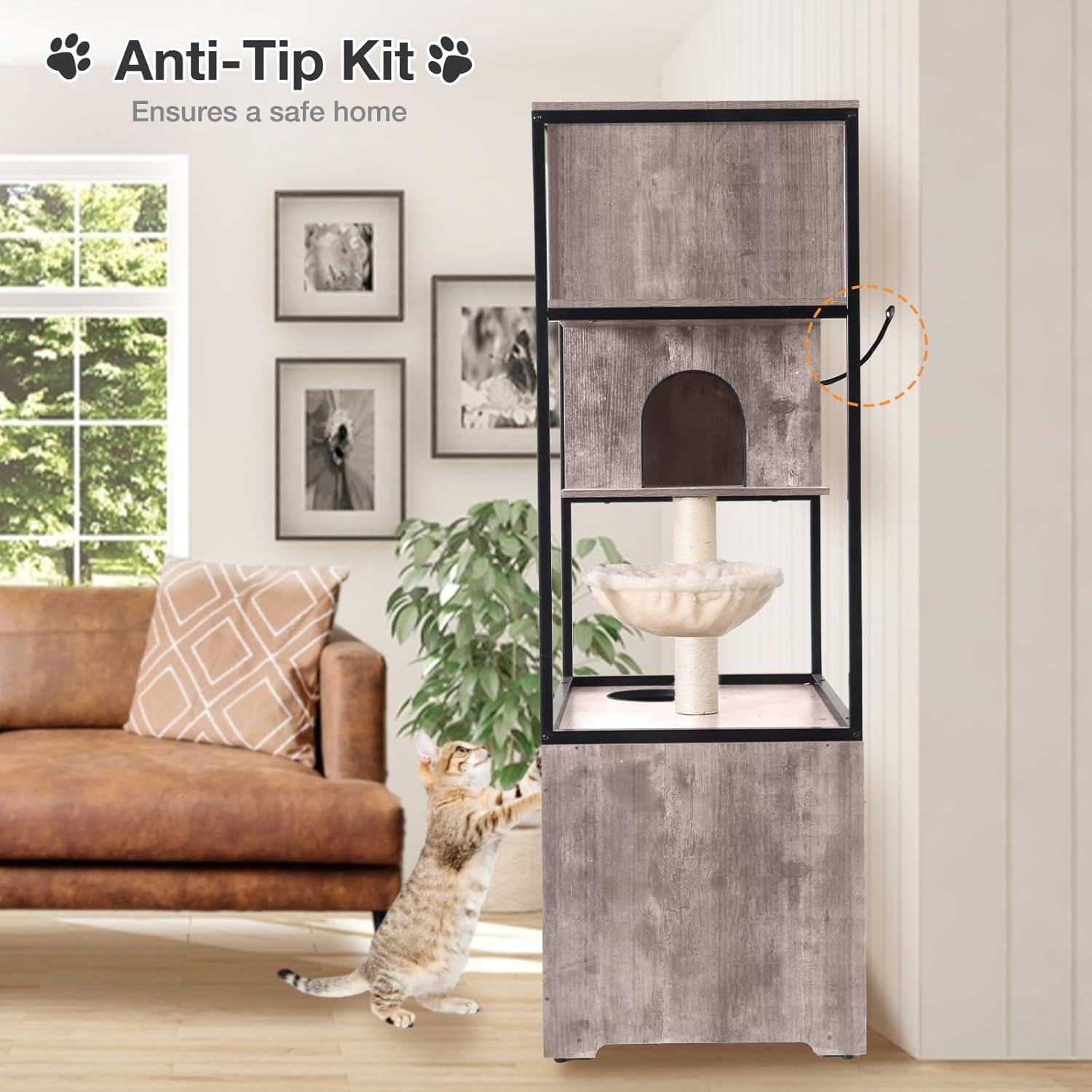 Cat Litter Box Enclosure, Cat Tree with Hidden Litter Box Furnitur，Front Entry Kitty Washroom Furniture for Indoor Cats (Grey)