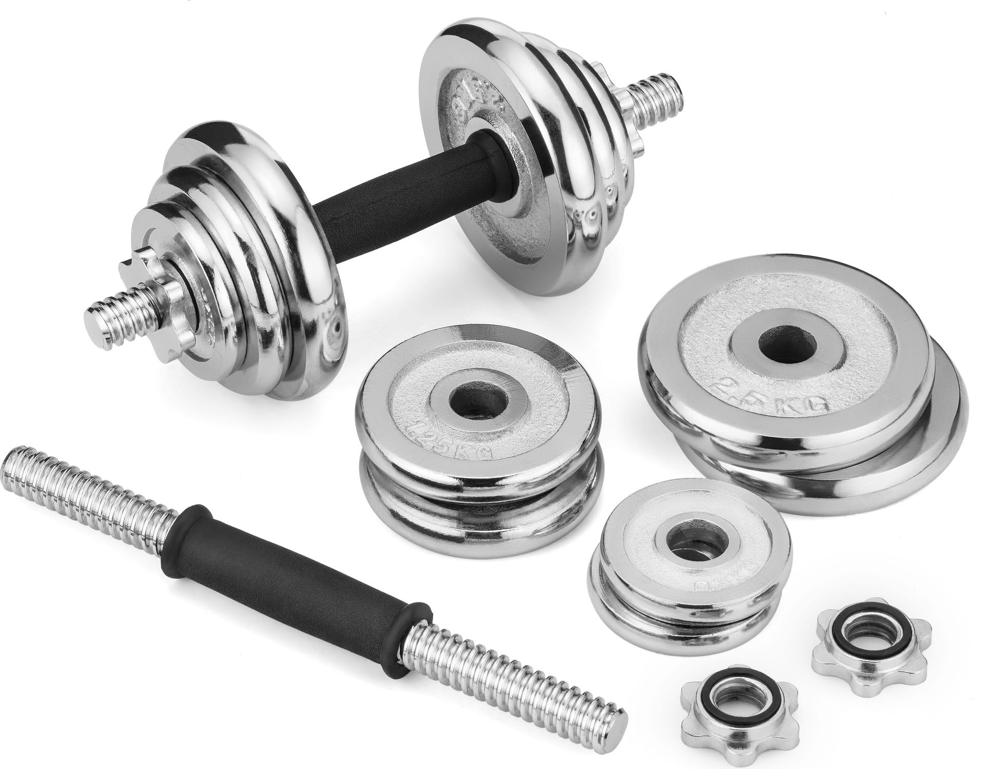 Gusseisen Hantelset mit Sternverschlüsse - 20kg Hantelset - Verchromten Hantelstange, Verstellbare Kurzhantel Set, Gewichte, Gym Zubehör fur Kraftraining und Fitness