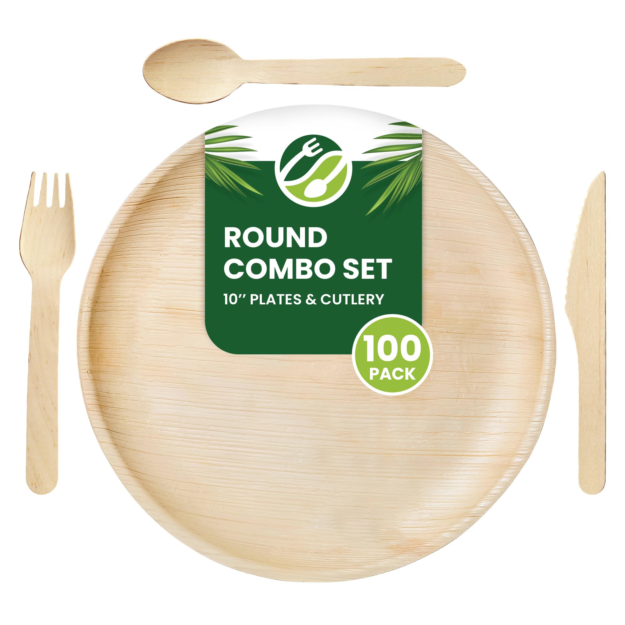Eco Leaf 400pcs Disposable Palm Leaf Plates and Wooden Cutlery Set – 100 Large Round Plates, 100 Forks, 100 Knives, 100 Spoons – Eco-Friendly, Biodegradable, Perfect for Parties, Events, and Catering