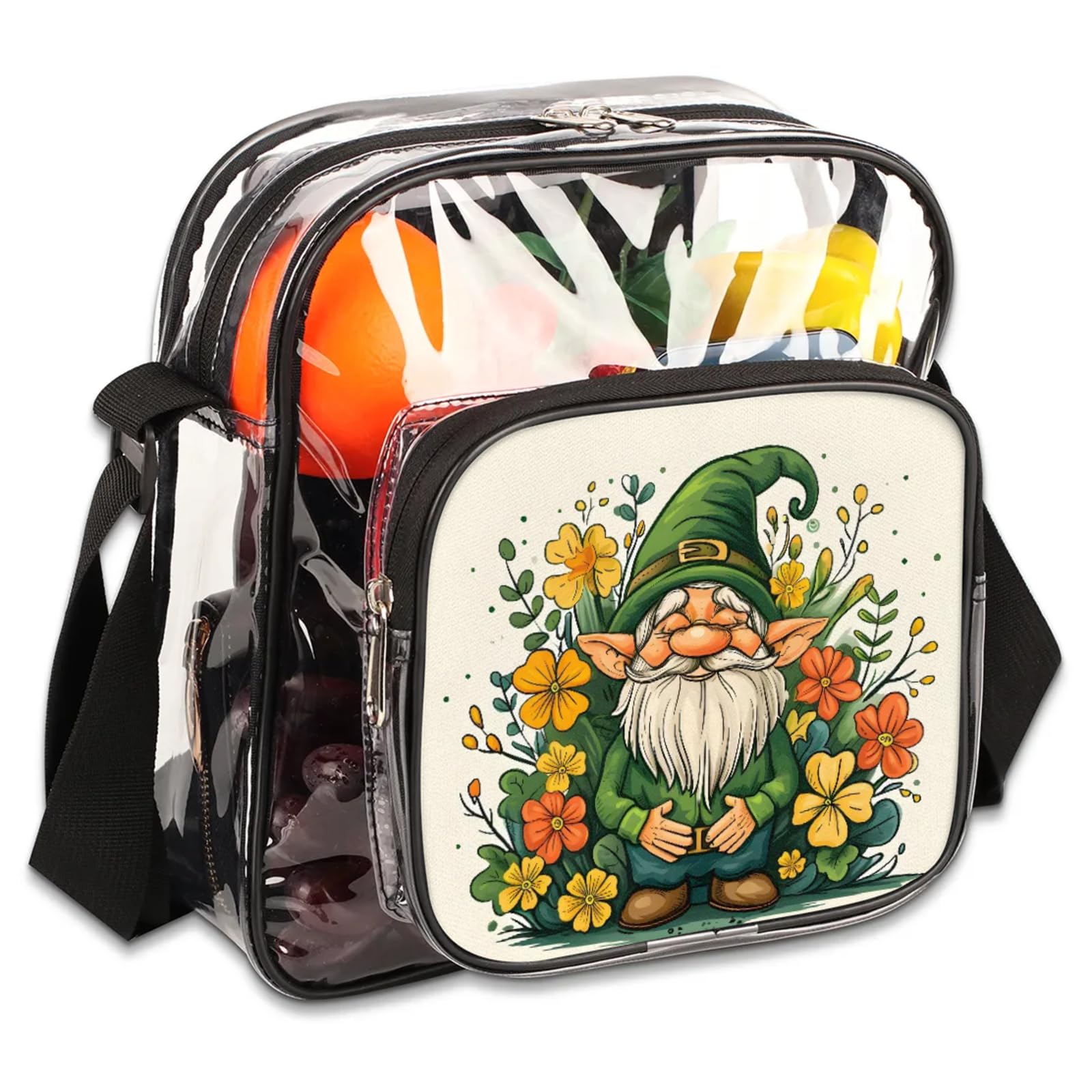 Clear Crossbody Bag Stadium Approved Swedish Tomte Transparent Bag for Festivals, Sports Events, Concerts,Beach Bag for Women Men Floral Clear Purse with Front Pocket Messenger Bag