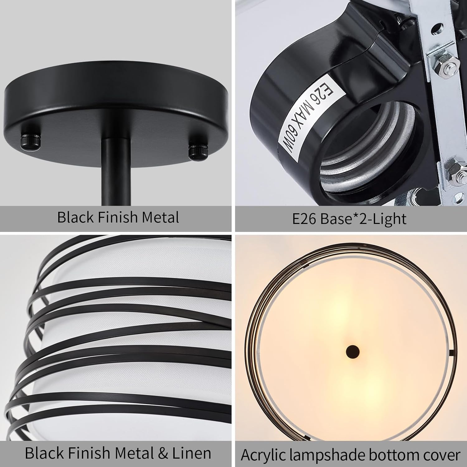 Drum Semi Flush Mount Ceiling Light Fixture, Black Matal & Linen Fabric Shade Ceiling Light, Modern Farmhouse Close to Ceiling Light for Bedroom, Hallway, Entryway, Dining Room, Laundry Room