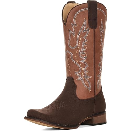 IUV Cowboy Boots for Women Square Toe Mid Calf Cowgirl Boots Embroidered Chunky Heel Western Boots for Country Concert Music Festival