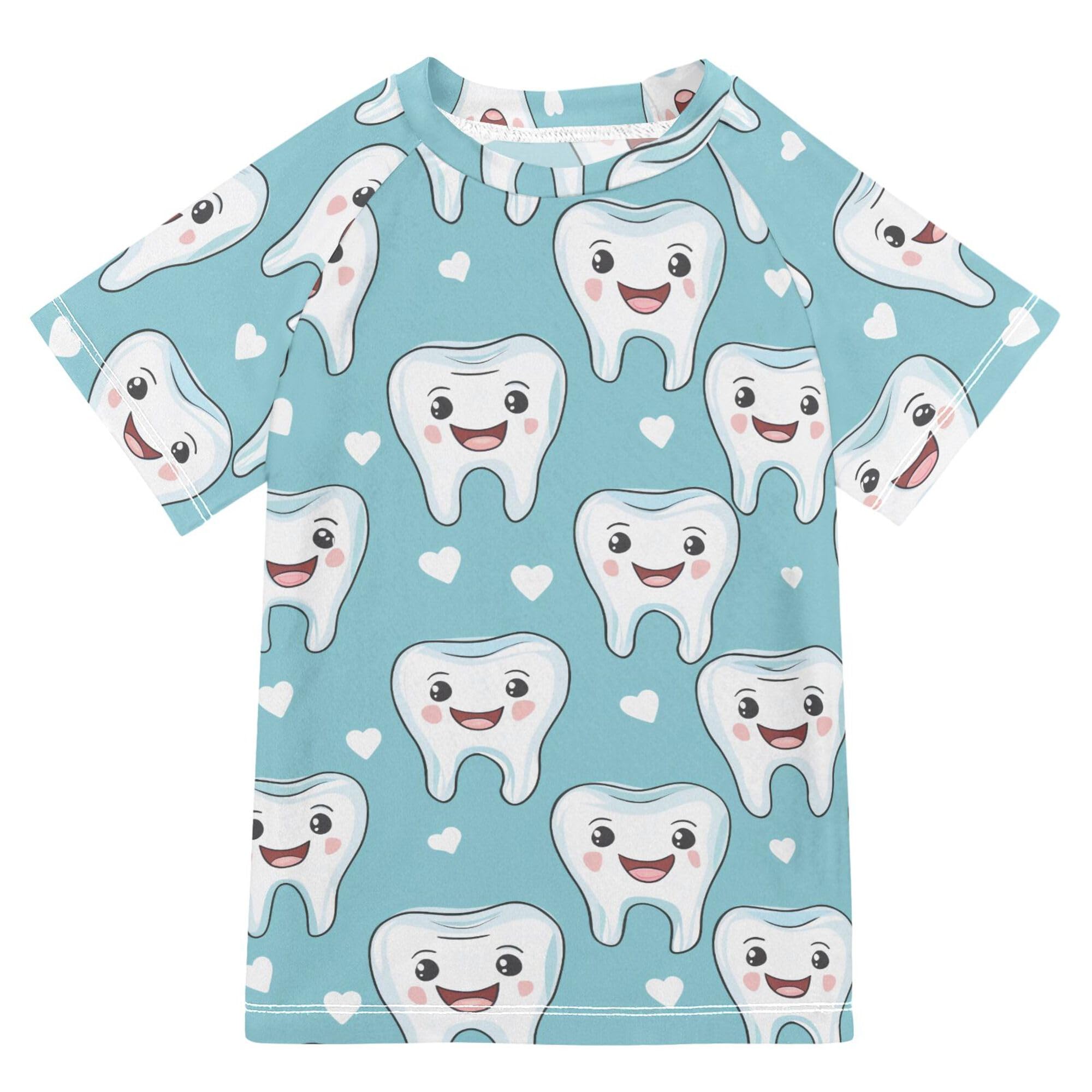 Cartoon Cute Teeth Dental Health Care Green Bathing Suit Girls UV Protection Kids Rash Guard Swimwears Athletic Tops for Toddler Boy 9-10Y