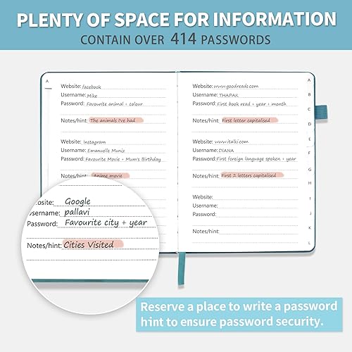 Miniatura 4 de Libro de contraseñas con pestañas alfabéticas, protector de contraseñas de tapa dura, organizador de cuadernos de contraseñas para computadora y