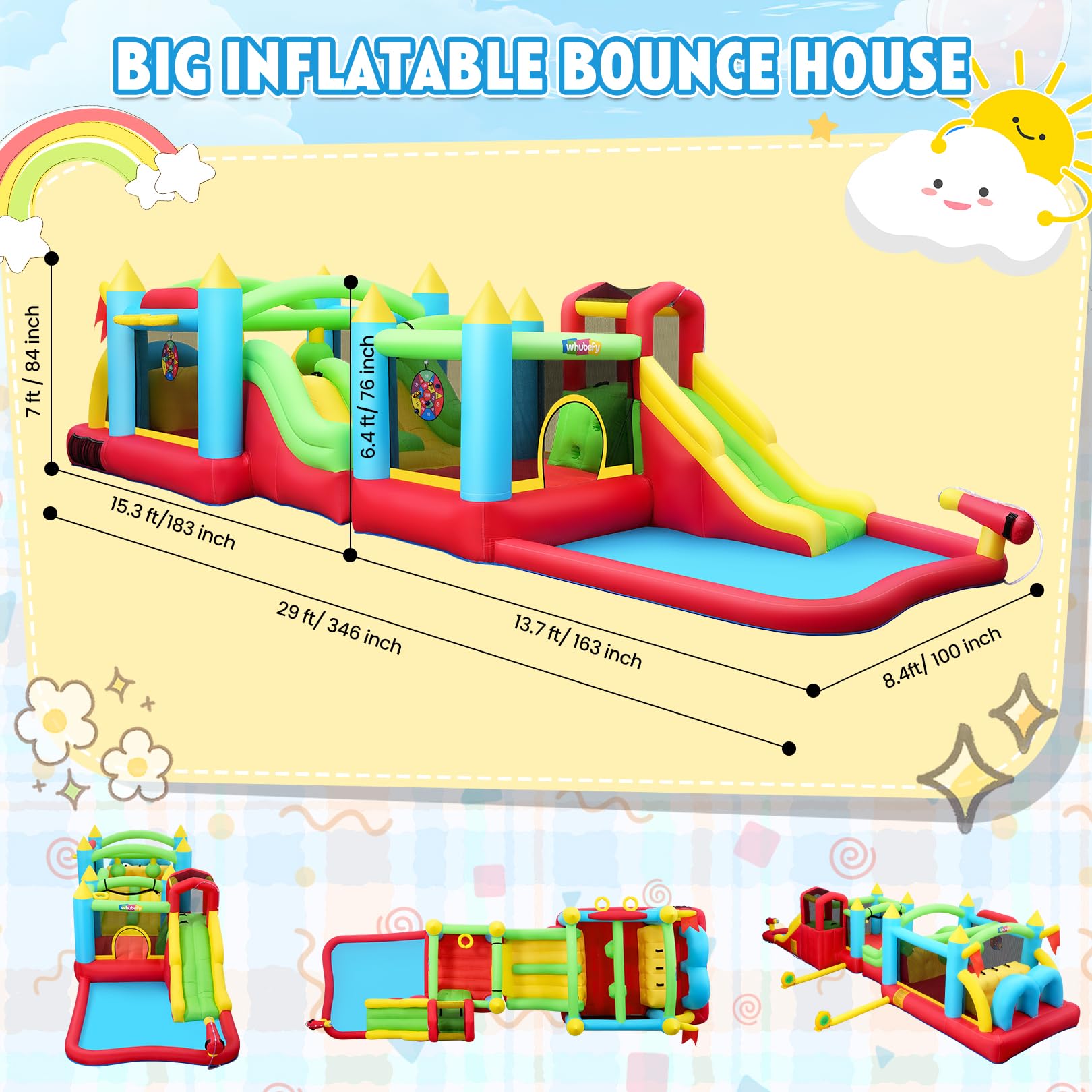 Castello gonfiabile per bambini con scivolo d'acqua da 3 a 12 anni, set combinato gonfiabile per ostacoli e scivolo d'acqua, castello gonfiabile per interni ed esterni (combo gonfiabile collegabile)