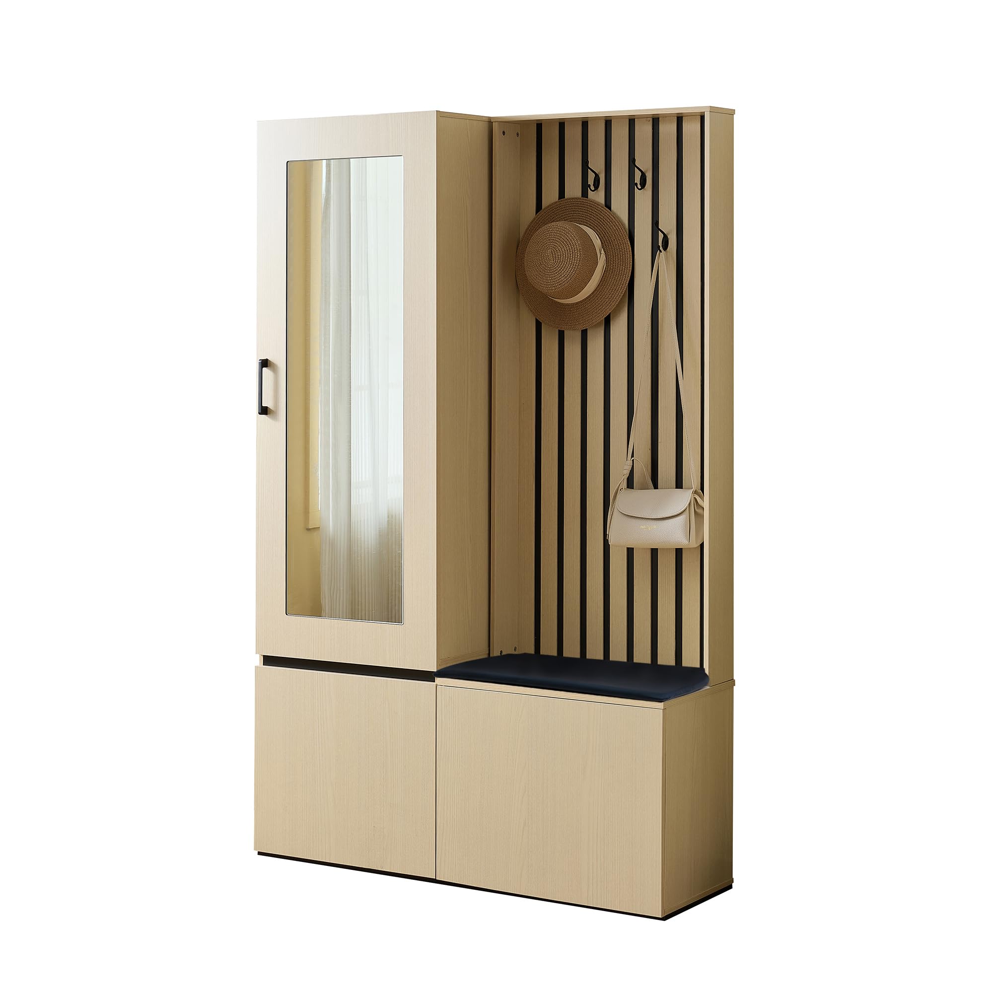 Merax Garderobenschrank mit Spiegel und Sitzbank – Modernes Flurmöbel-Set mit Schuhablage, ausziehbarer Kleiderstange, 4 Haken, Stauraum für Flur, Schlafzimmer & Eingangsbereich