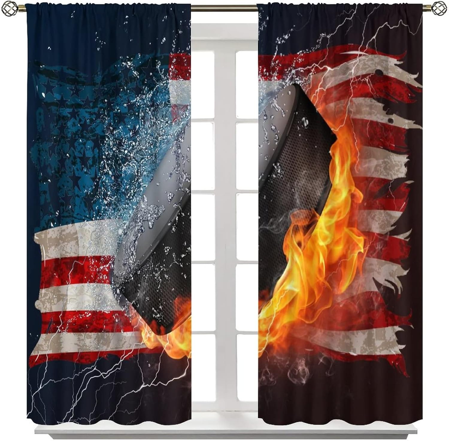 Ice Hockey Rod Pocket Blackout Curtains for Living Room,Thermal Insulated Room Darkening Boys Teens Sports Game Water Flame Mist American Flag Curtains,2 Panels 63L x 36W 2 Panels