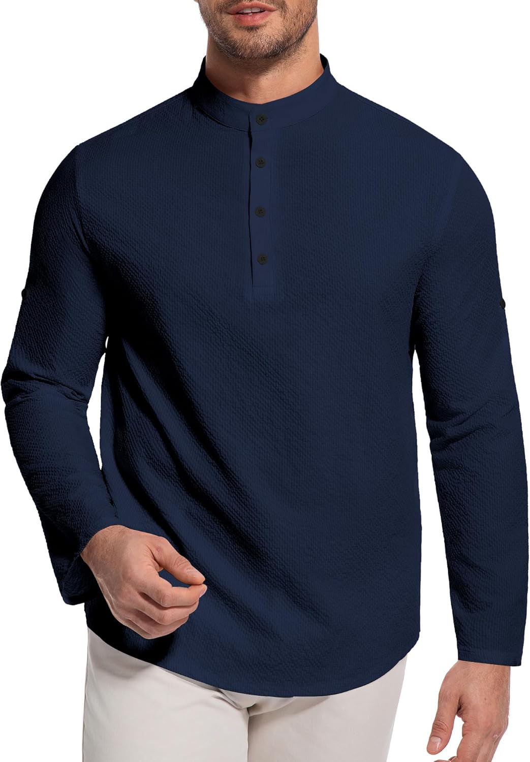 Men's Textured Henley Shirt, Long Sleeves Stand Collar Shirts for Men, Long Sleeve Knit Top, Casual Everyday Wear