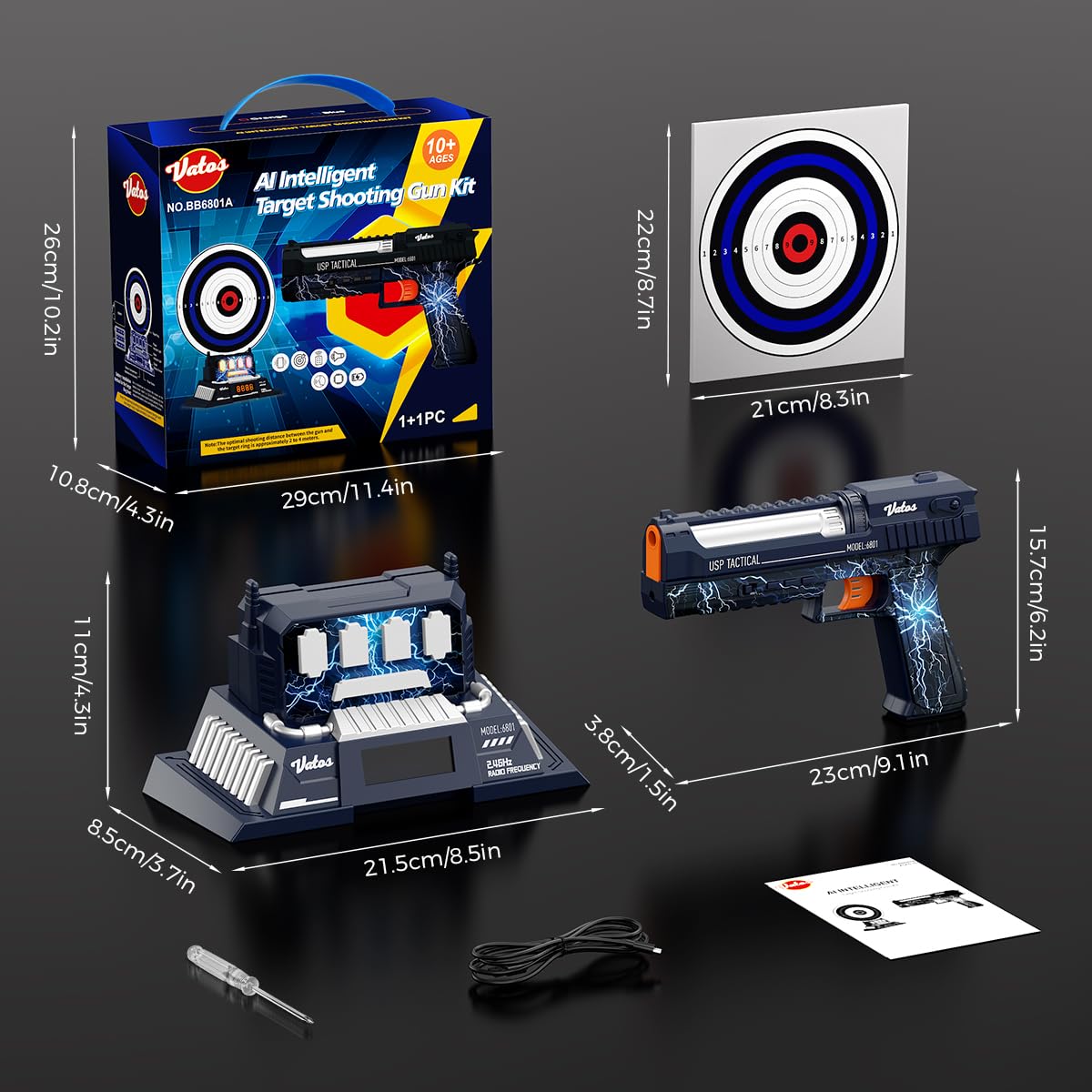 VATOS Juego de dianas inteligentes con pistola láser recargable, puntuación automática, 4 modos de disparo