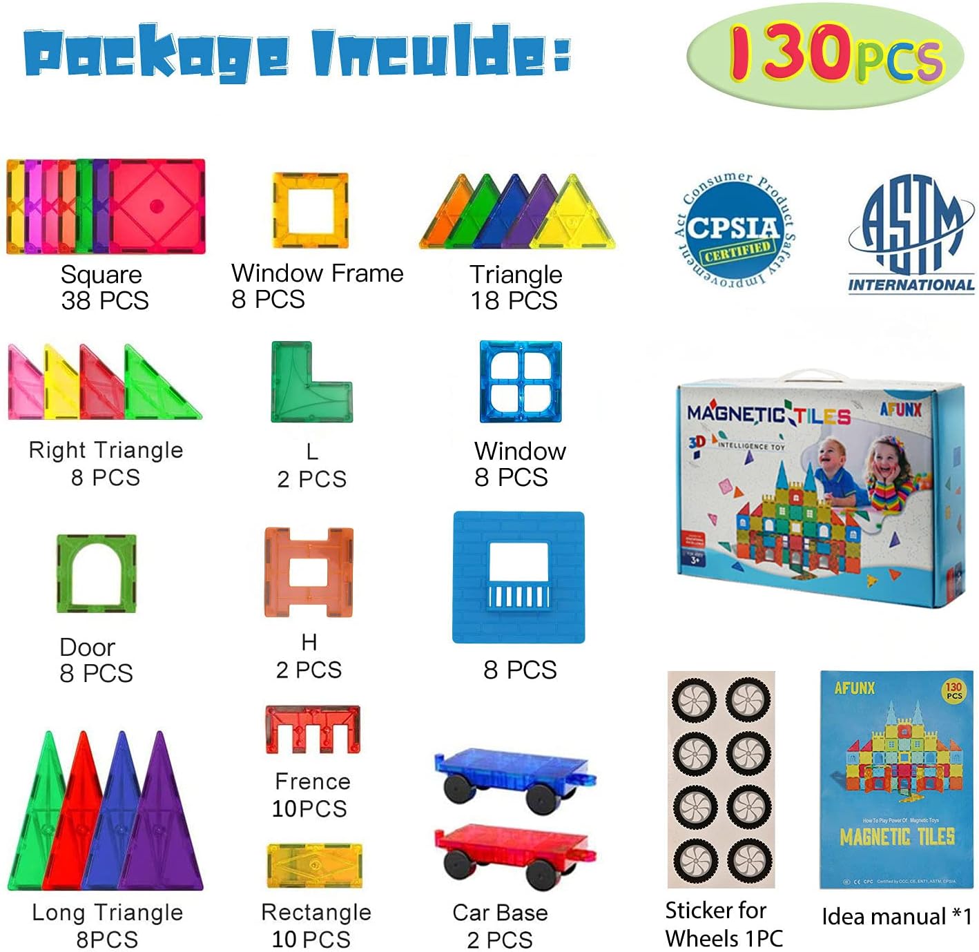 AFUNX 130 PCS Magnetic Tiles Building Blocks 3D Clear Magnetic Blocks Construction Playboards, Inspiration Building Tiles Creativity Beyond Imagination, Educational Magnet Toy Set for Kids with 2 Cars : Toys & Games