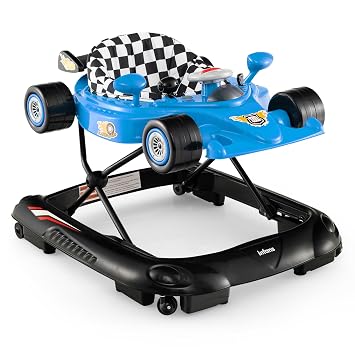 INFANS Foldable Baby Walker, 3 in 1 Toddler Activity Center Leaning-Seated Walk-Behind with Steering Wheel, Adjustable Height, Lights, Music, Washable Seat Cushion Blue